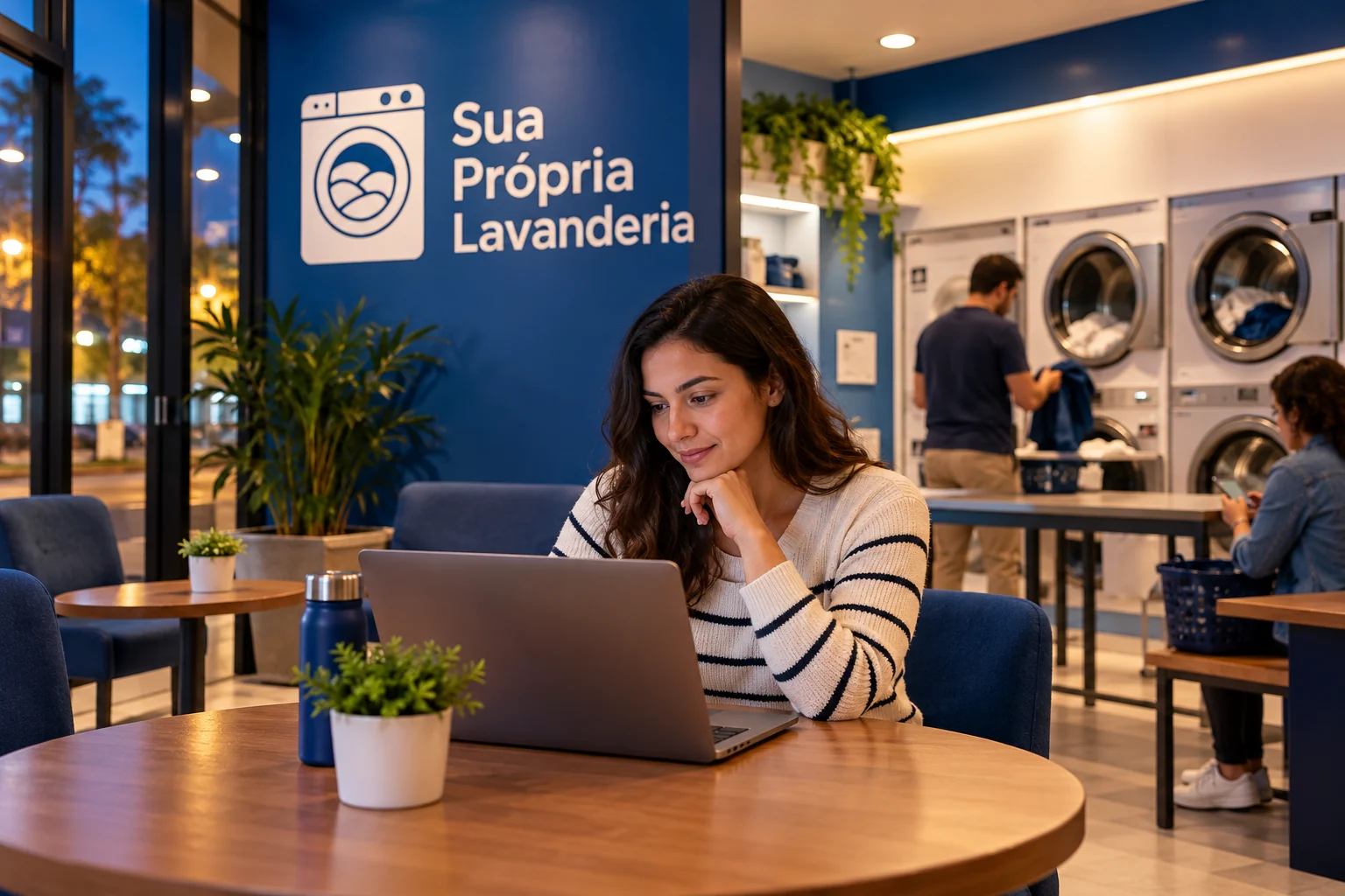 Cliente usando notebook na área de espera de lavanderia com logo Sua Própria Lavanderia, enquanto outras pessoas utilizam as máquinas.
