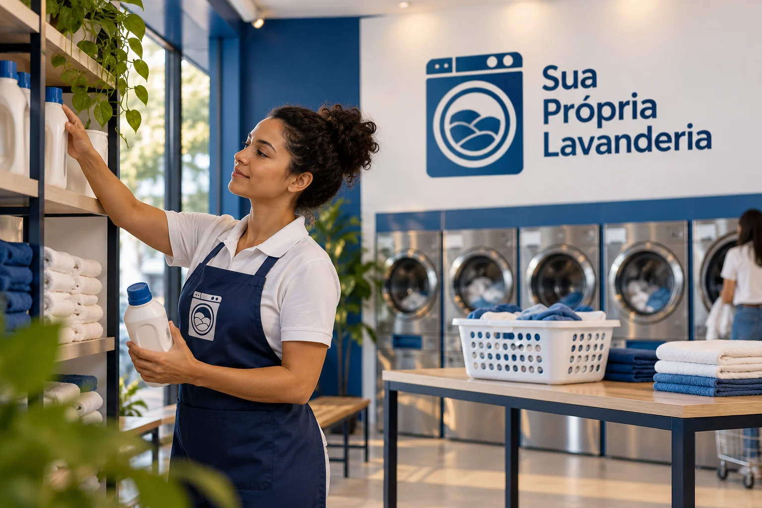 Pessoa organizando insumos em lavanderia comercial pronta, com máquinas ao fundo e logo Sua Própria Lavanderia na parede.