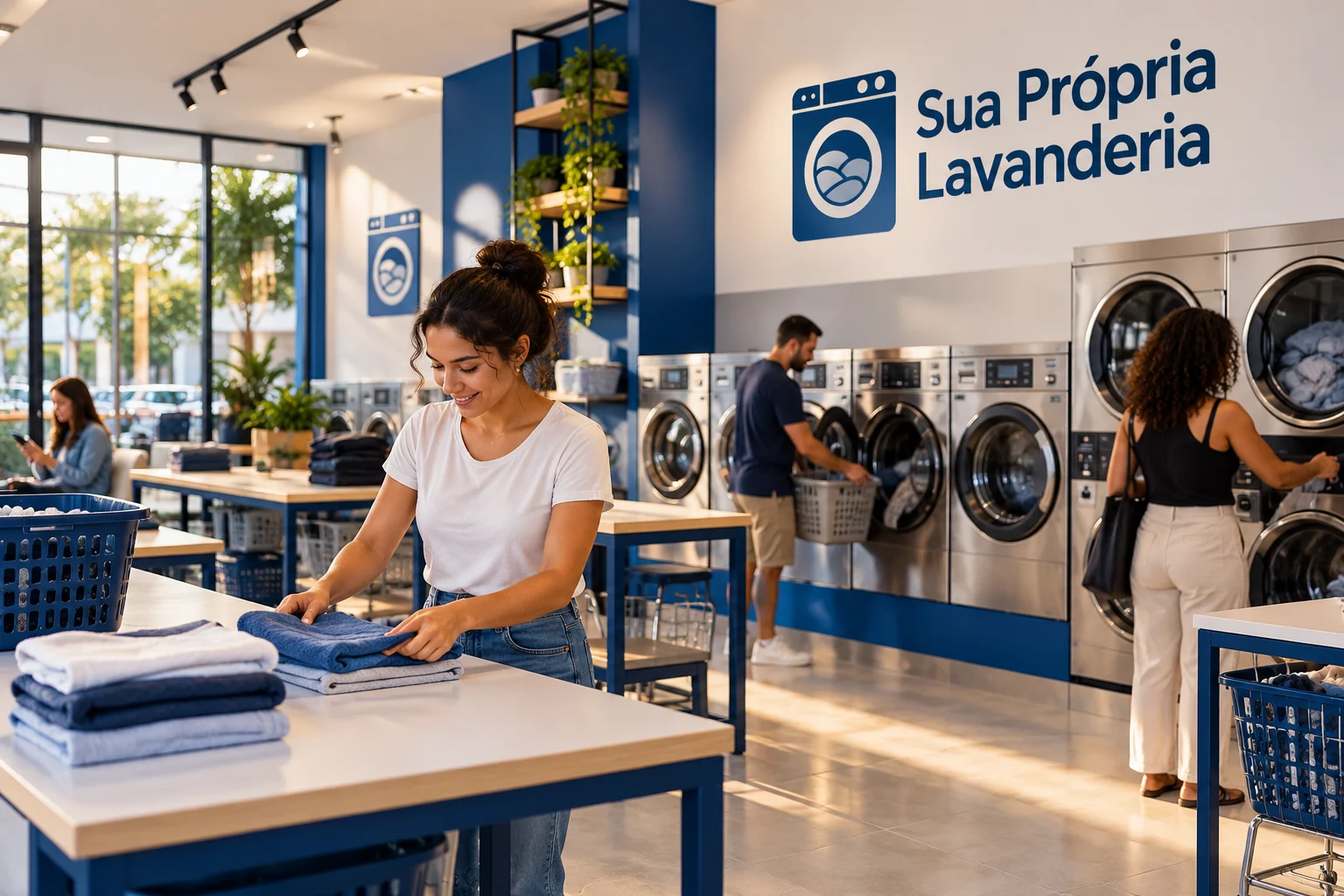 Ilustração de clientes usando uma lavanderia azul e branca, com bancada de dobra e logo Sua Própria Lavanderia.
