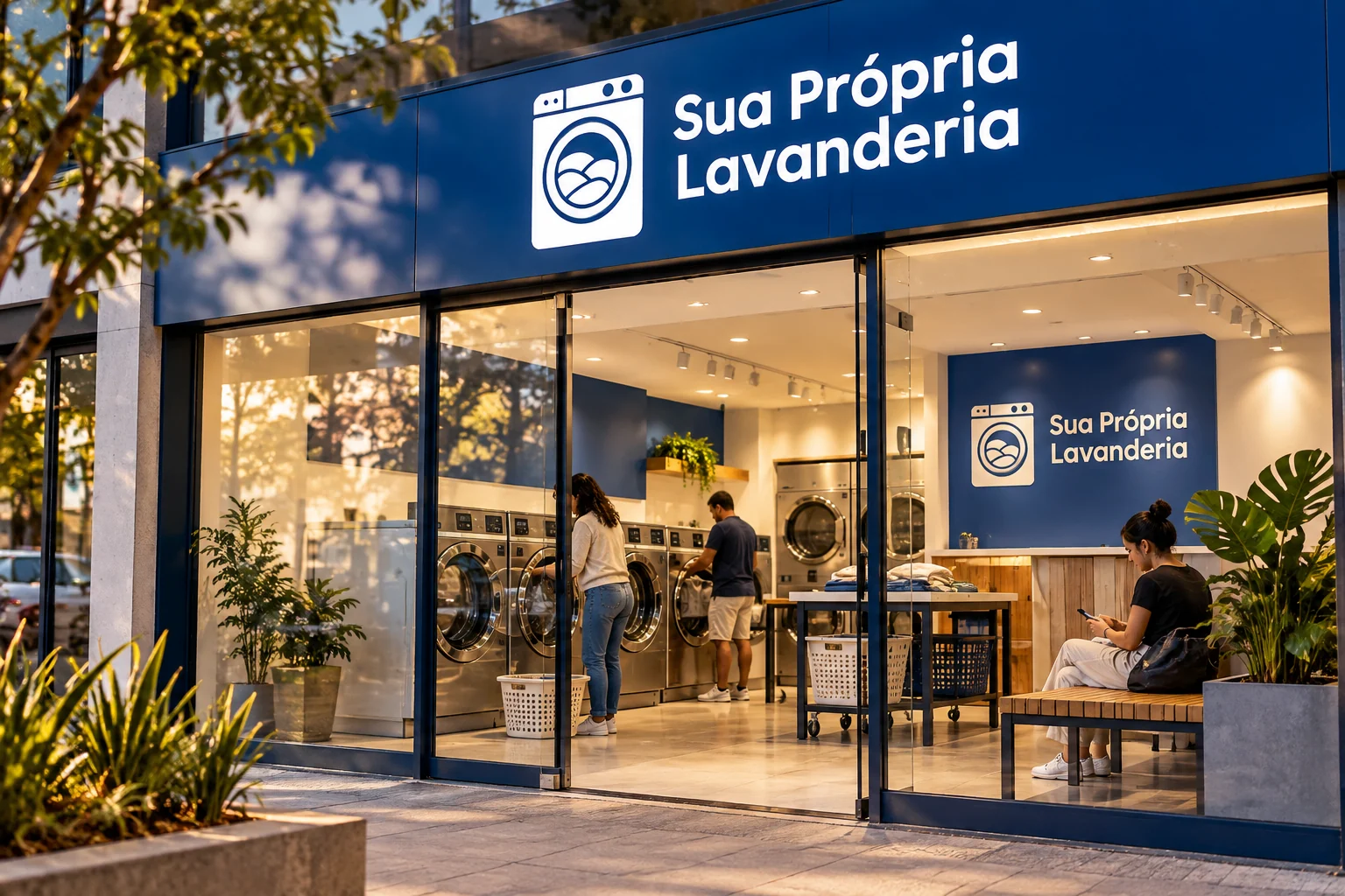 Ilustração da fachada envidraçada de uma lavanderia em uso, com letreiro Sua Própria Lavanderia e interior iluminado.