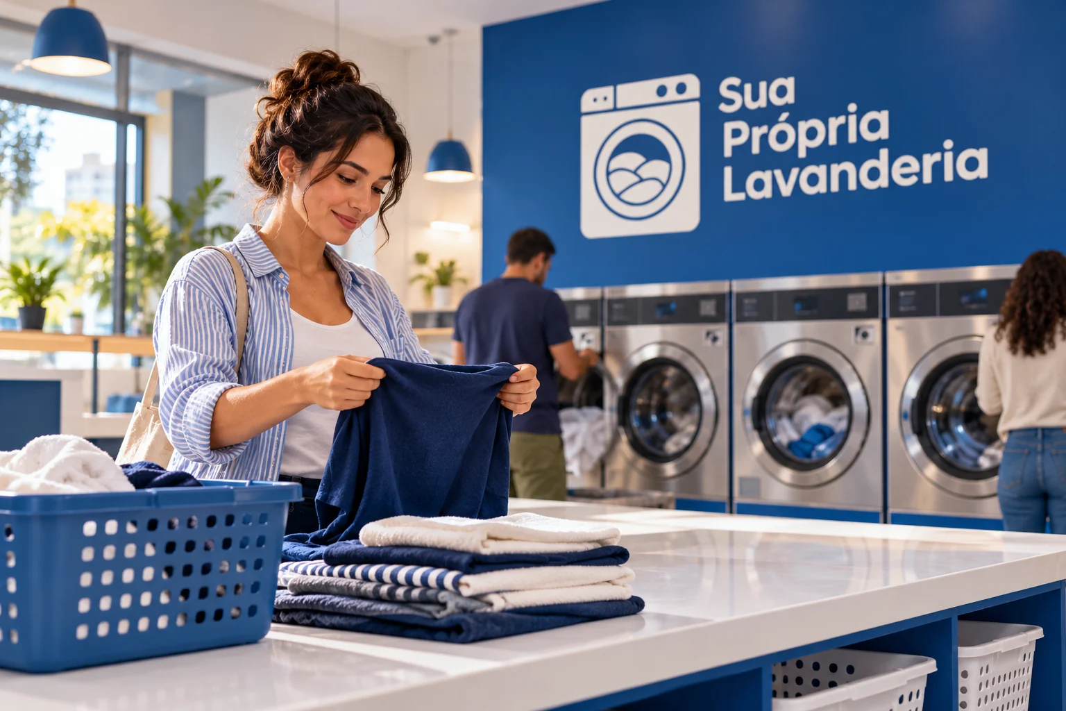 Ilustração de cliente dobrando roupa em lavanderia pronta, com máquinas e logo Sua Própria Lavanderia ao fundo.