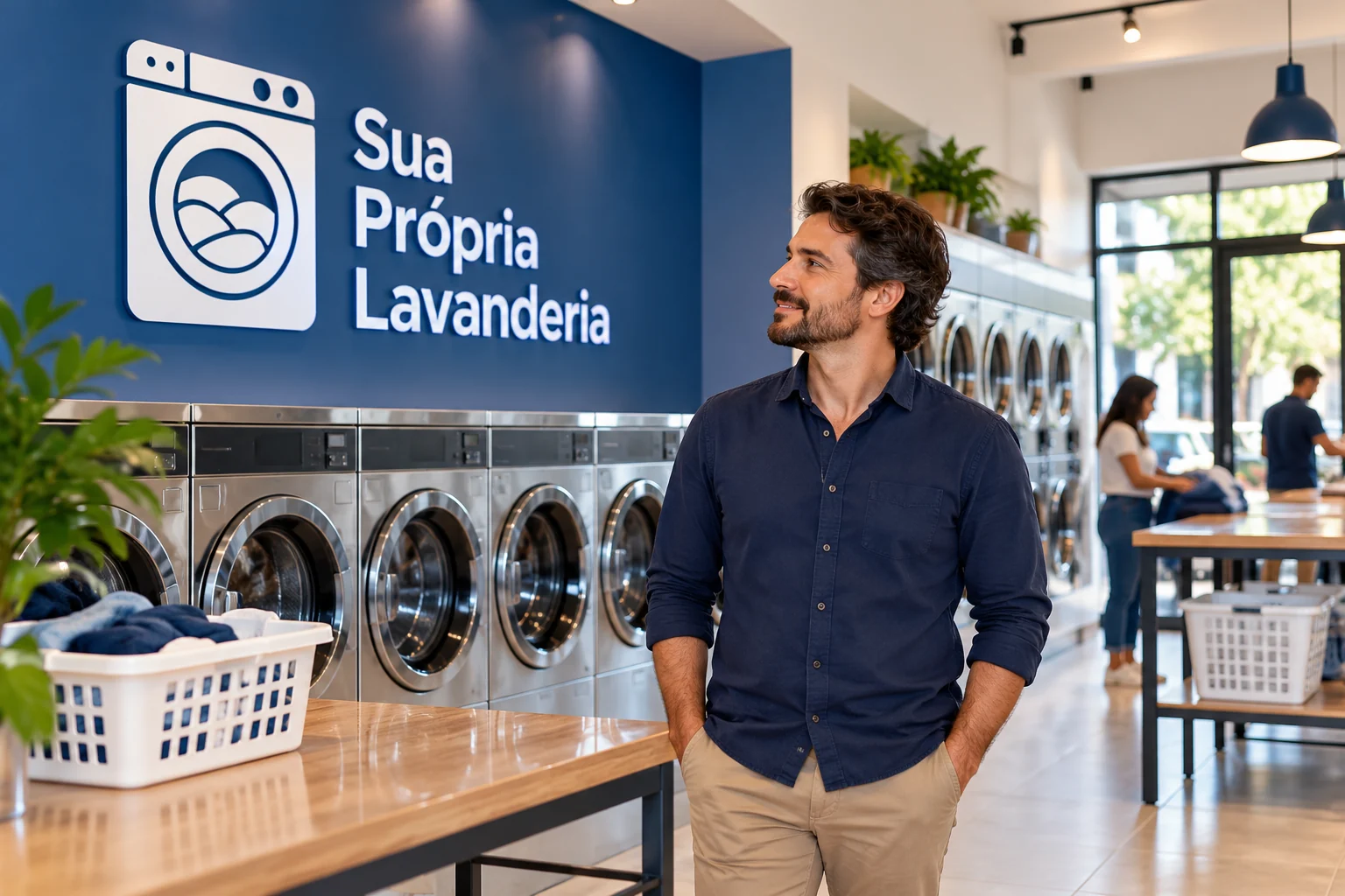 Ilustração de homem no interior de lavanderia pronta, com clientes, máquinas e logo Sua Própria Lavanderia ao fundo.