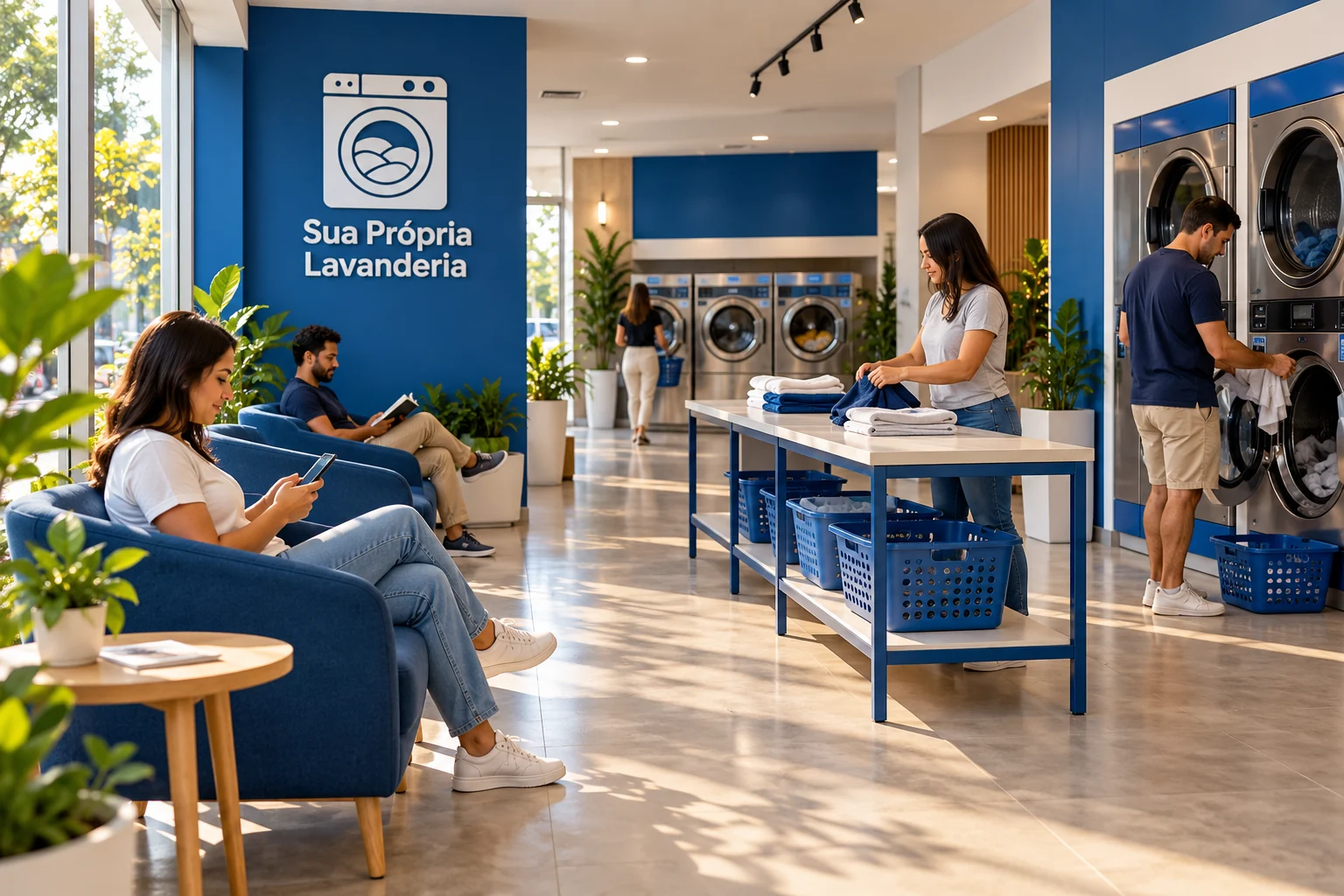 Lavanderia self-service pronta e em uso, com máquinas, circulação e área de espera visíveis; ilustração editorial, sem representar uma unidade real ou comprovar conformidade técnica.