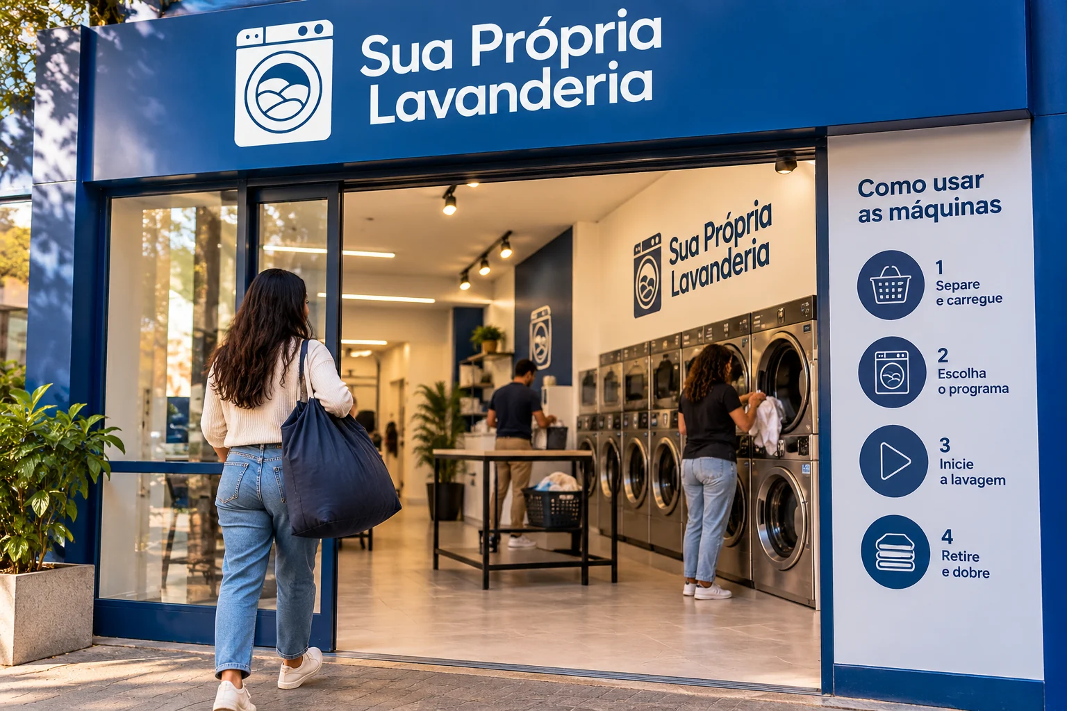 Fachada de lavanderia SPL aberta e em uso, com cliente entrando e painel lateral de instruções ilustradas.