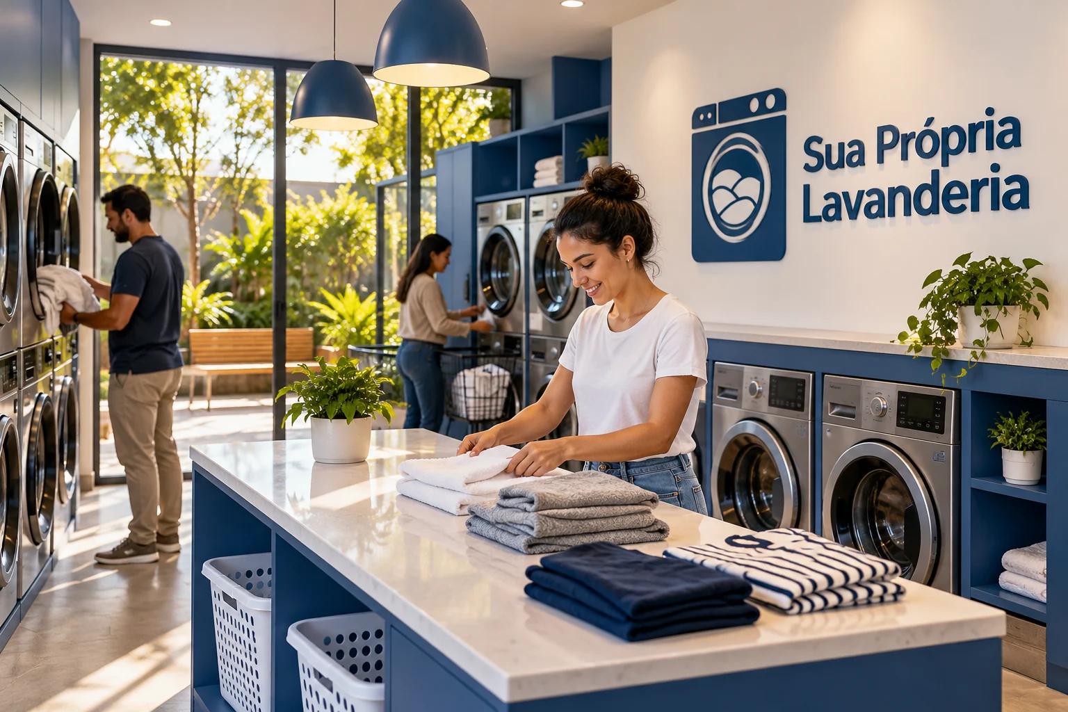Lavanderia self-service pronta e em uso, com fileiras de lavadoras e secadoras e identidade visual SPL.
