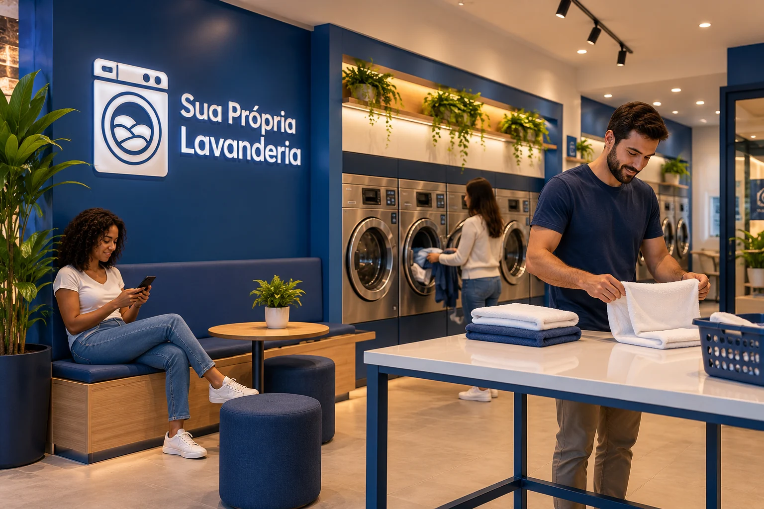 Ilustração de lavanderia SPL azul e branca em uso, com clientes, lavadoras ao fundo e bancada para dobrar roupas.