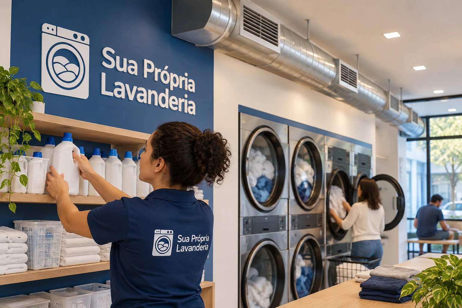 Ilustração de lavanderia SPL com pessoa organizando insumos, máquinas ao fundo e duto metálico com grelhas no teto.