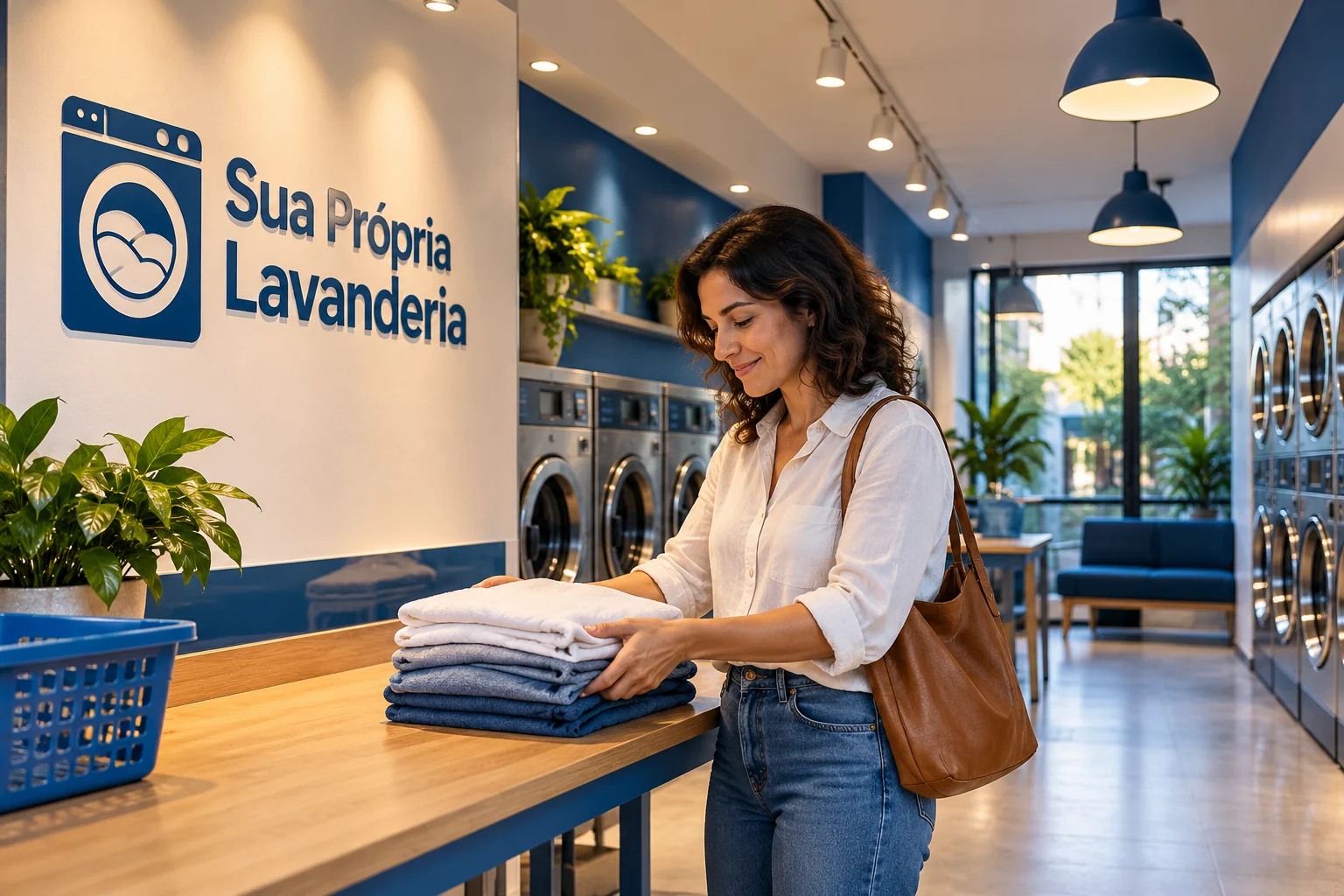 Ilustração de lavanderia SPL com luminárias de teto e pendentes, máquinas e cliente organizando toalhas na bancada.