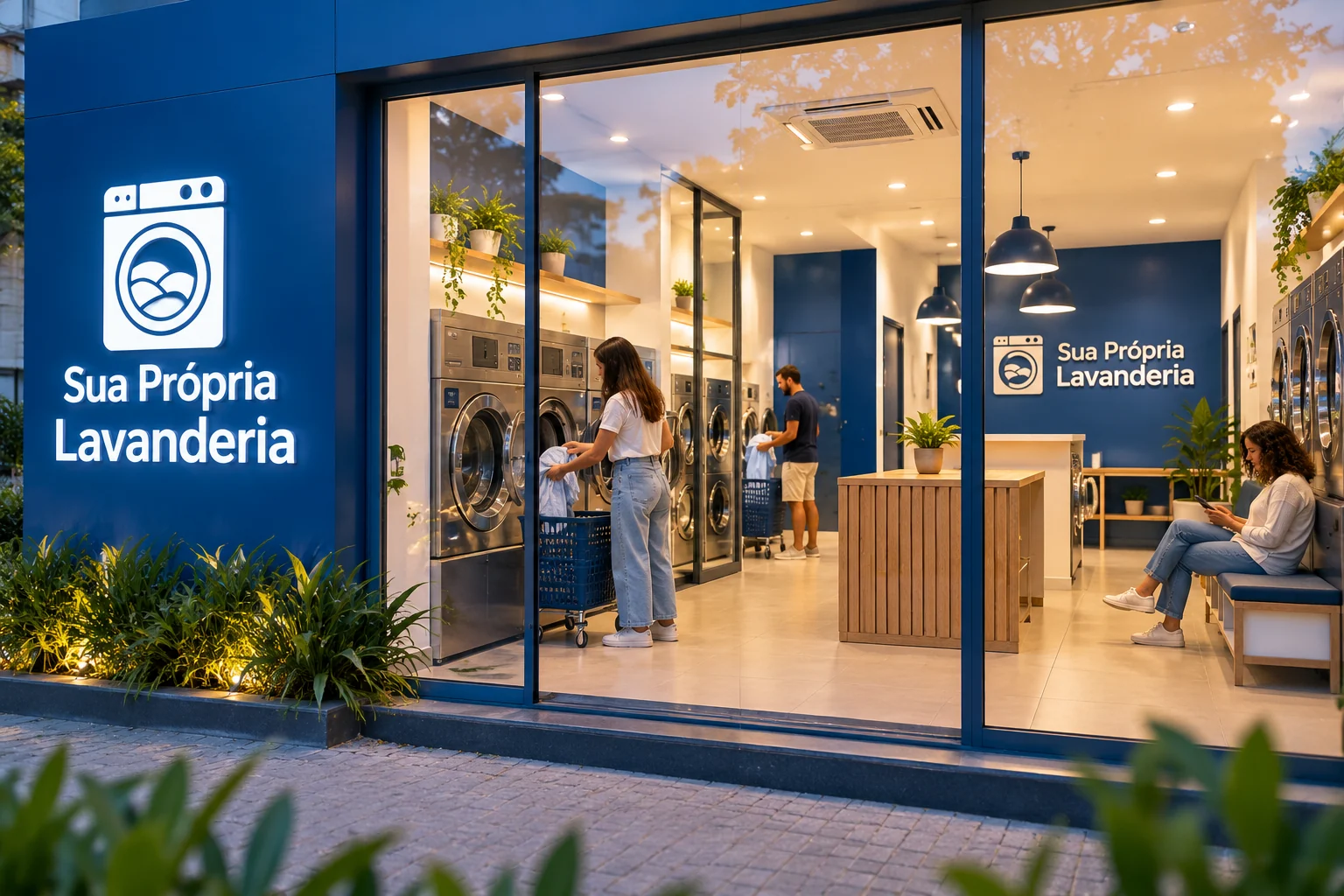 Ilustração da fachada envidraçada de uma lavanderia SPL concluída, com clientes utilizando o espaço interno.