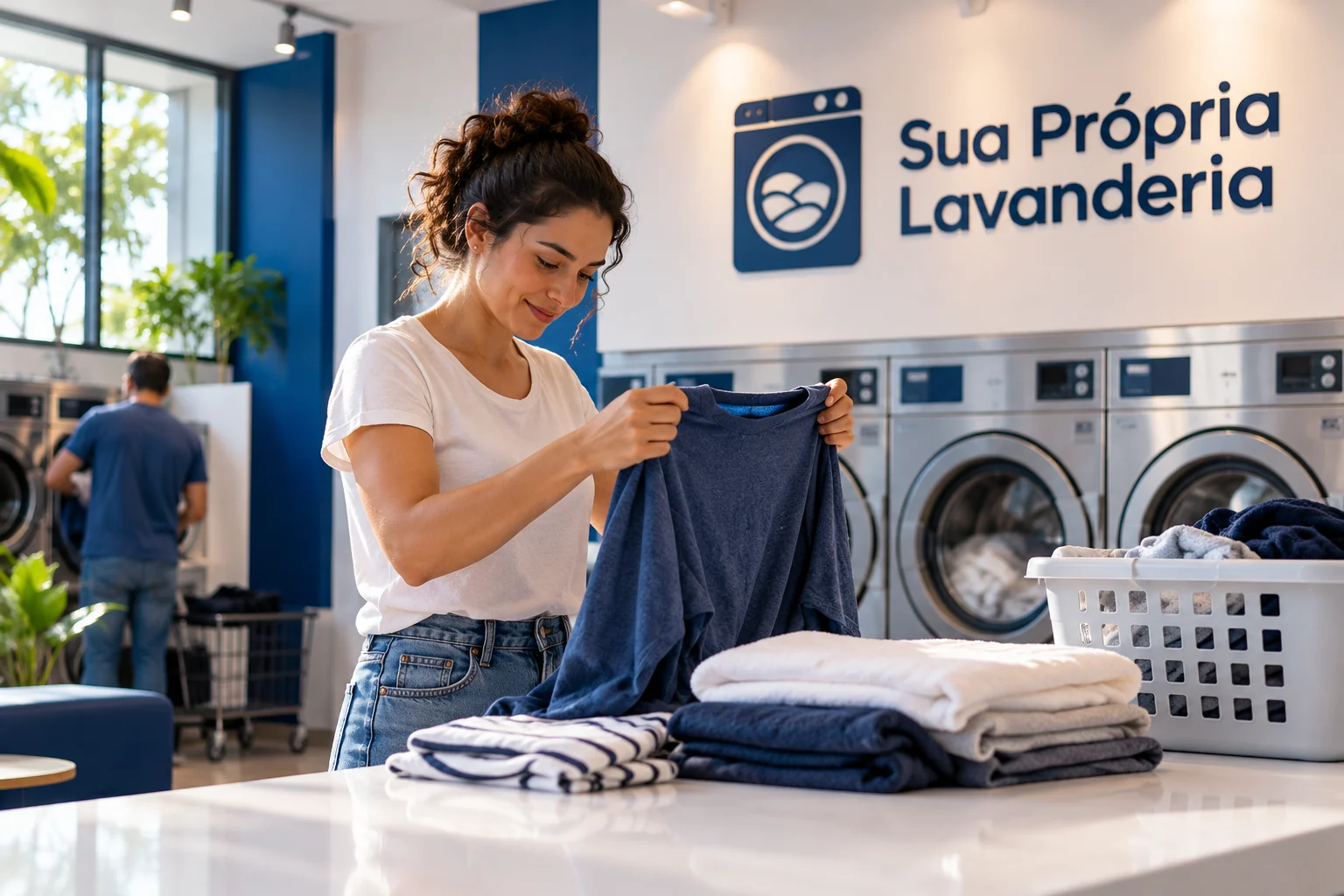 Ilustração de cliente conferindo uma peça de roupa na bancada de uma lavanderia SPL, com lavadoras ao fundo.