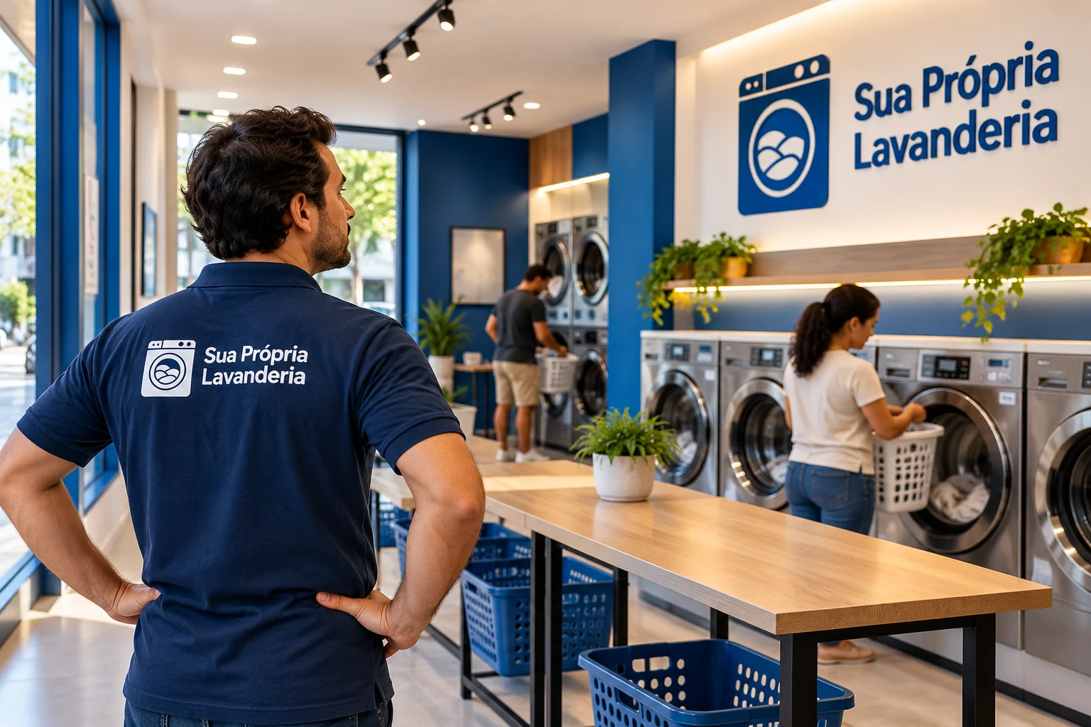 Ilustração de pessoa com camisa SPL observando uma lavanderia pronta, com clientes usando as máquinas.