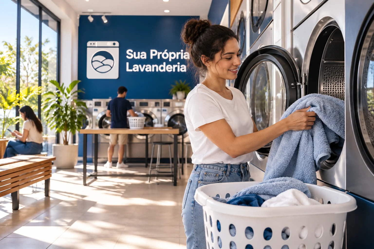 Mulher manuseando uma toalha junto à porta aberta de uma secadora em lavanderia azul e branca com logo SPL