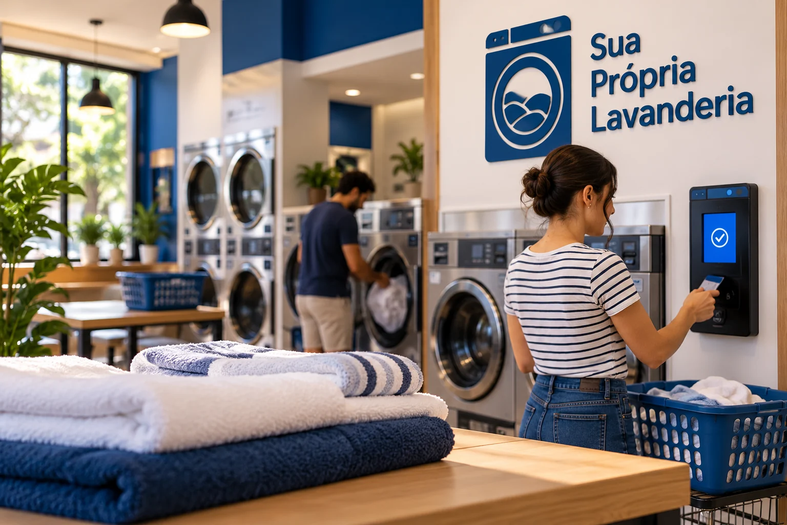 Lavanderia self-service em uso, com cliente diante do painel de seleção e pagamento e máquinas ao fundo