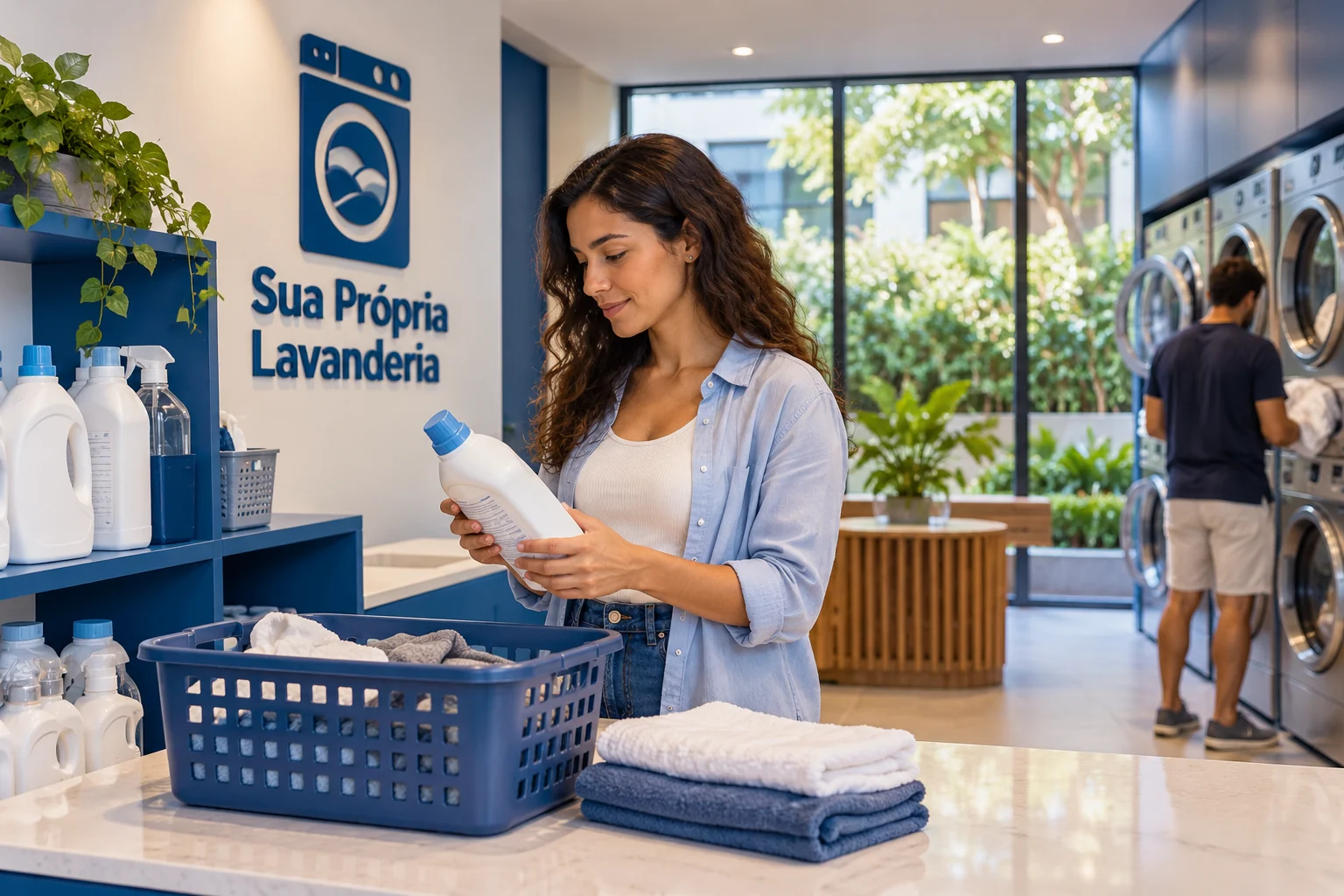 Mulher lendo o rótulo de um frasco ao lado de roupas em lavanderia azul e branca com logo SPL
