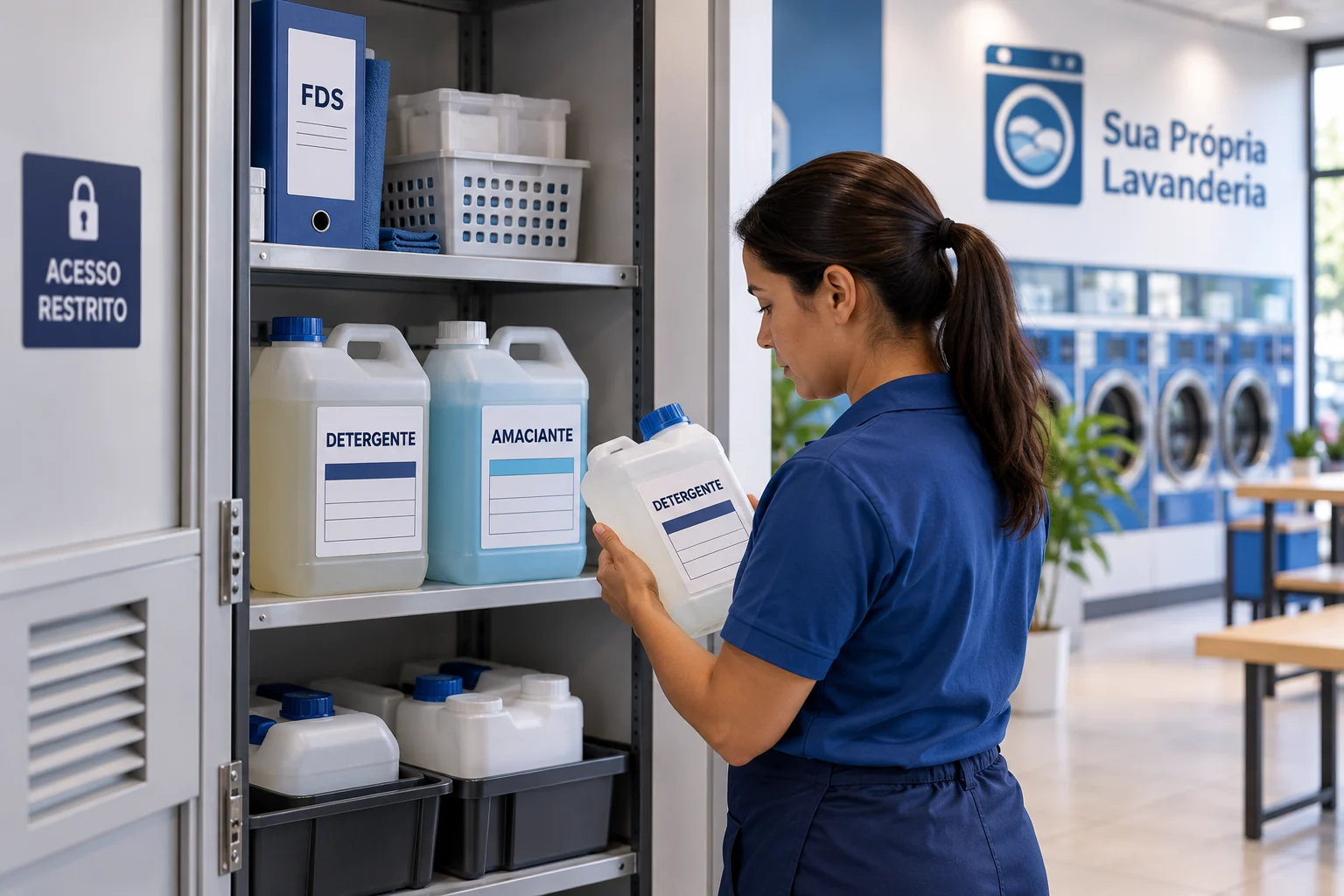 Profissional confere a identificação de recipientes fechados em armário de acesso restrito de uma lavanderia.