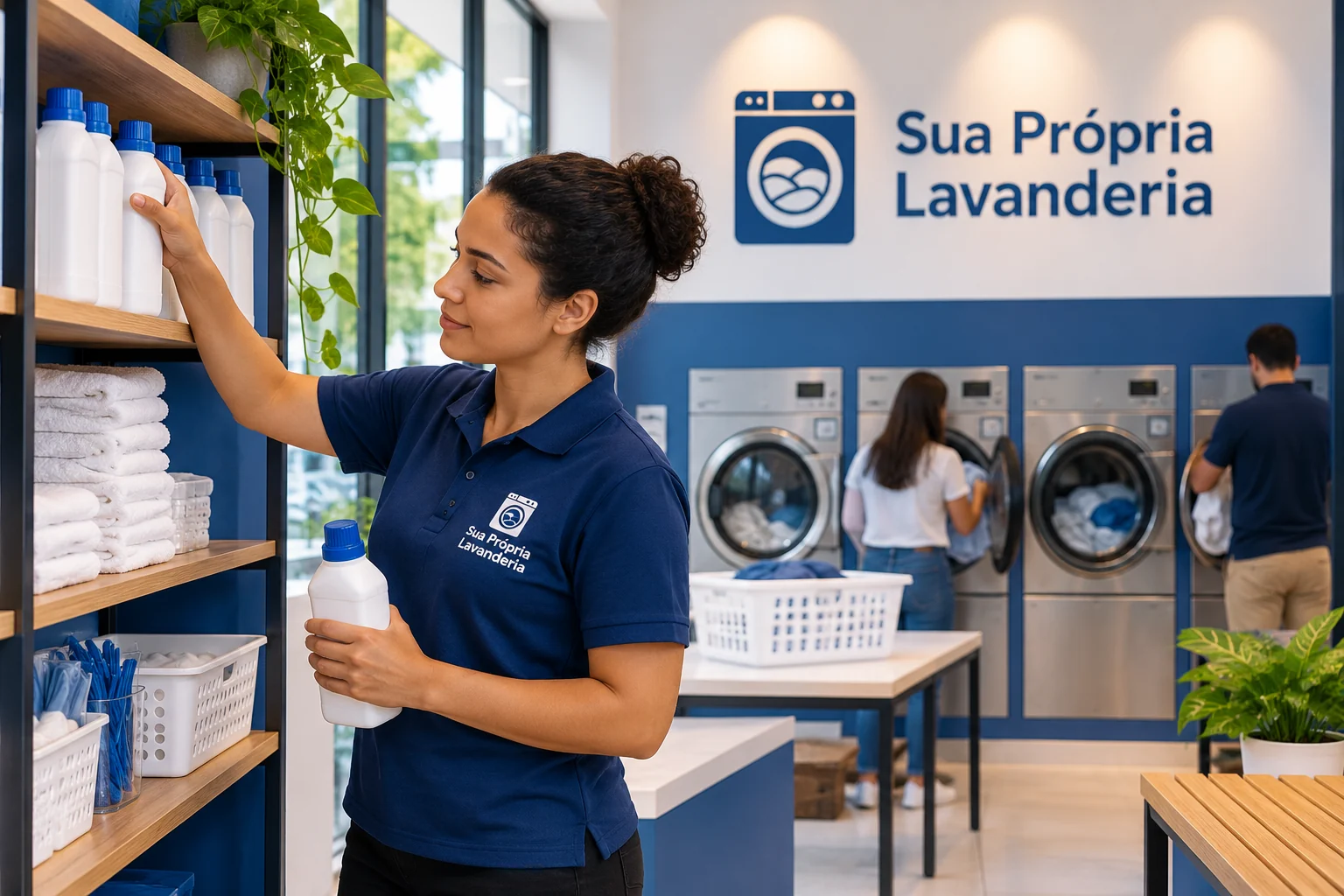 Funcionária organiza frascos em uma prateleira de lavanderia em uso, com identidade azul e branca e logo Sua Própria Lavanderia