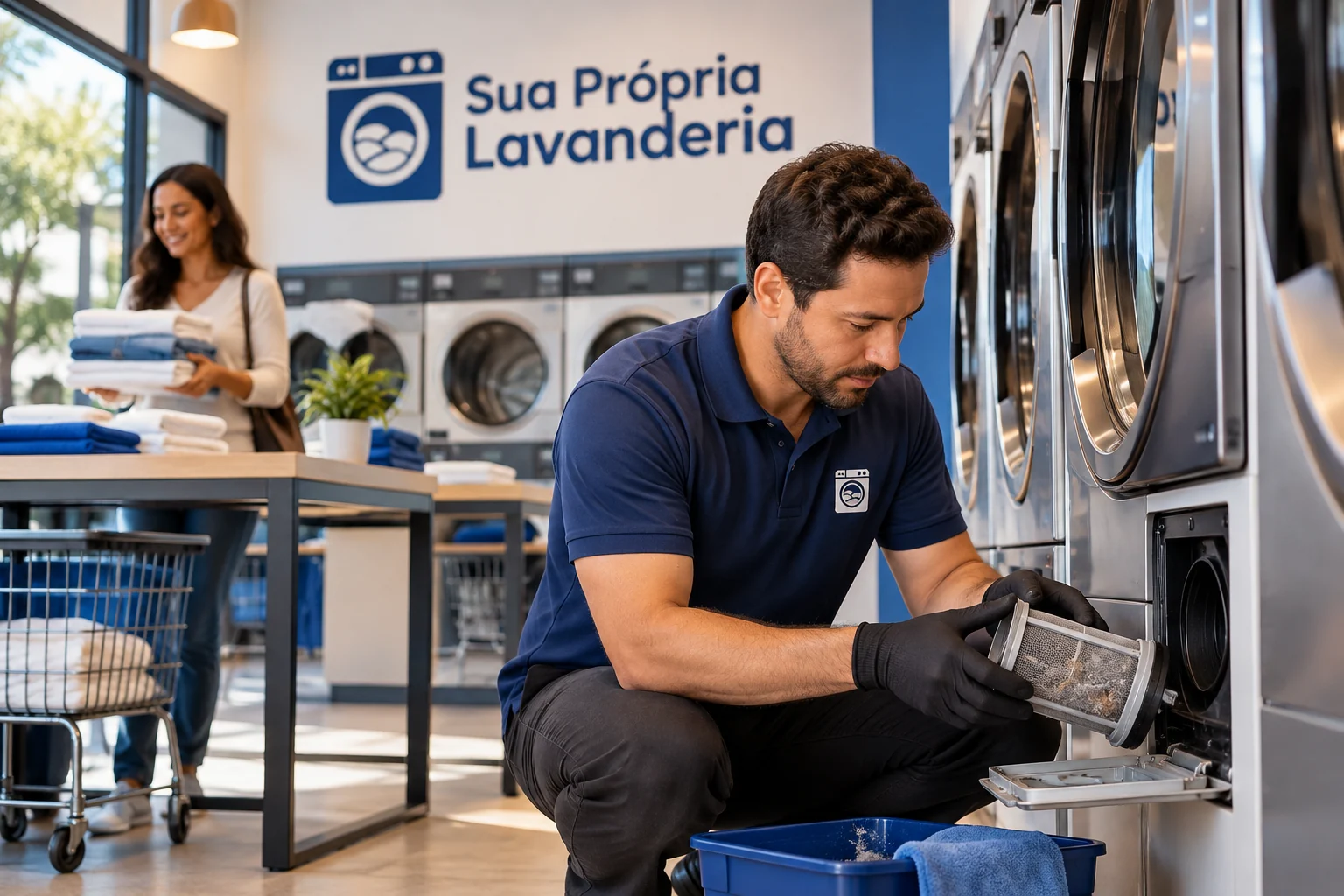 Profissional com luvas segurando um filtro diante de uma máquina em lavanderia com logo SPL