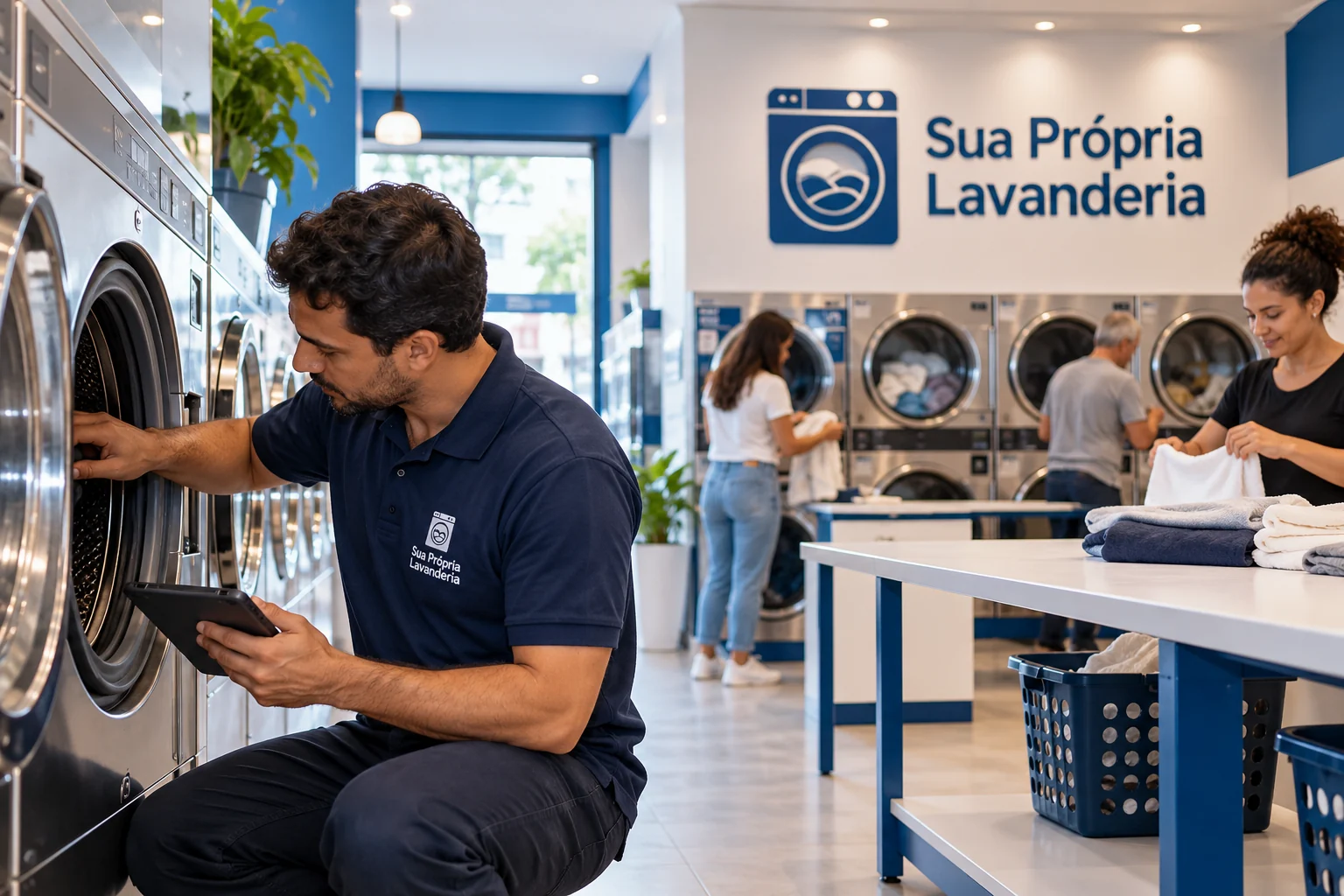 Profissional com tablet inspeciona a abertura de uma máquina em lavanderia pronta e em uso, com logo Sua Própria Lavanderia ao fundo