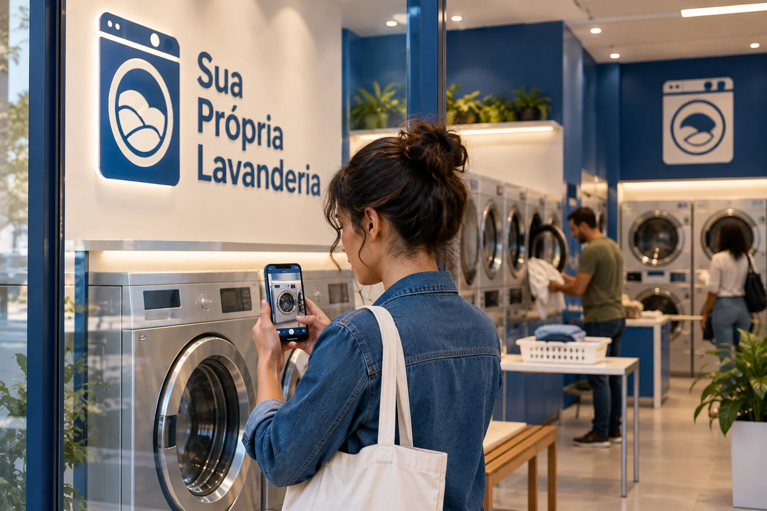 Pessoa fotografa uma máquina com o celular em lavanderia pronta e em uso, com logo Sua Própria Lavanderia e decoração azul e branca