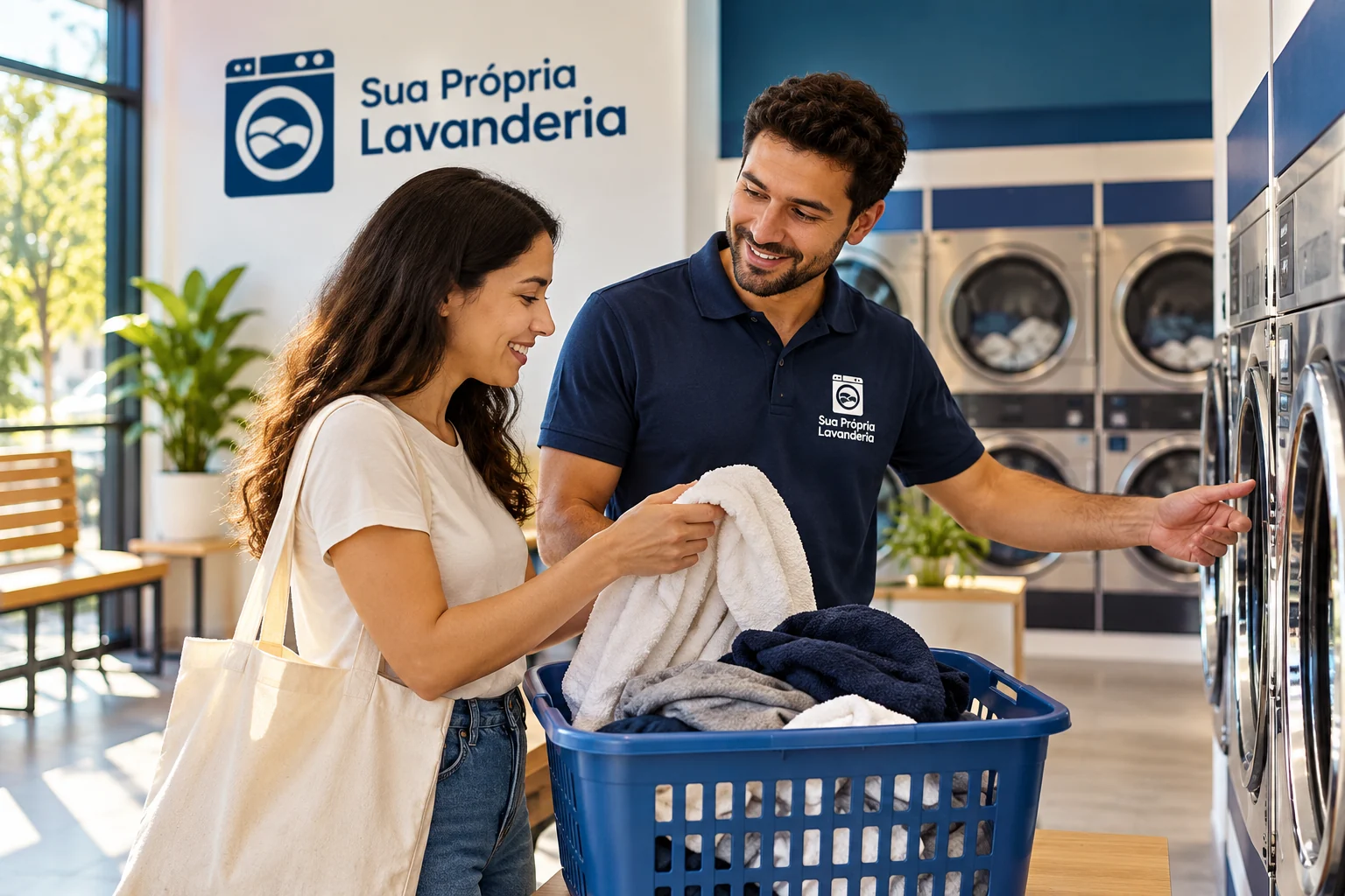 Atendente aponta para uma máquina enquanto uma cliente segura uma toalha junto a um cesto de roupas na lavanderia
