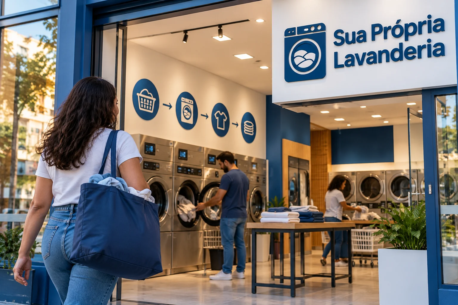 Ilustração editorial genérica de uma instrução visual ao lado de equipamento de lavanderia sem marca ou situação real identificada.