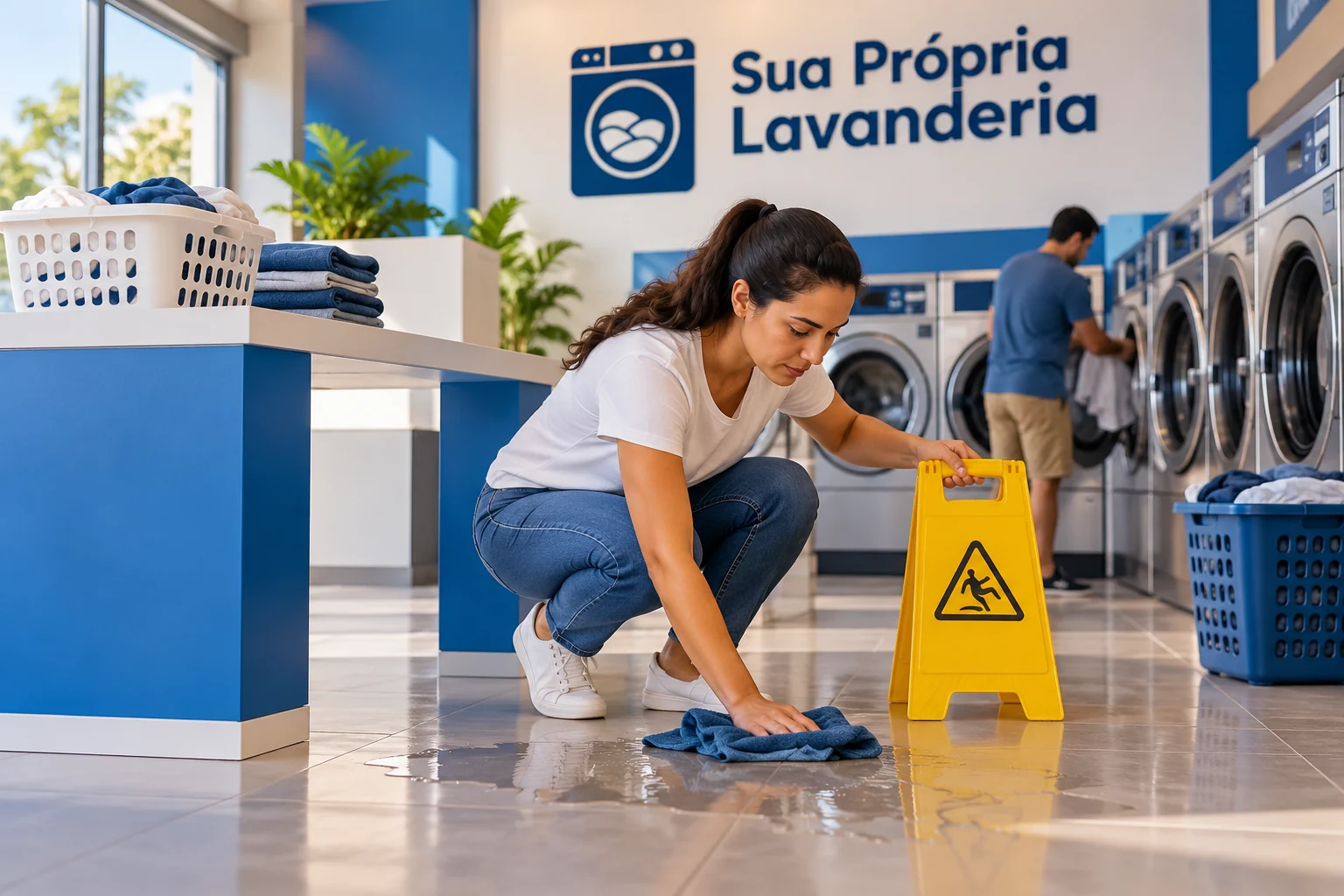 Lavanderia self-service em operação, com corredor seco e máquinas visíveis; cena conceitual, sem representar ocorrência ou unidade real.