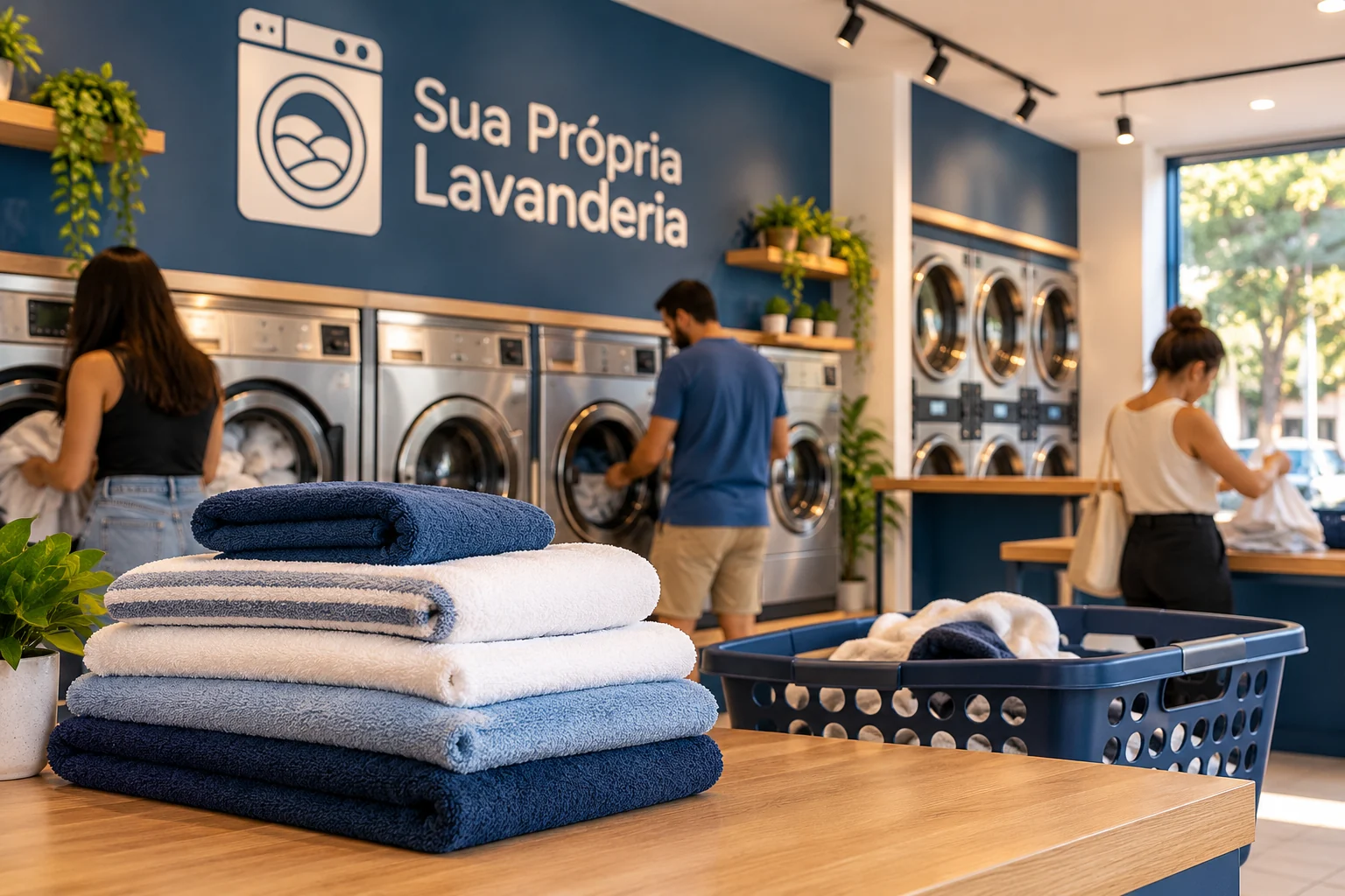 Cliente usando uma lavanderia self-service sem que seu rosto, telefone ou outros dados pessoais estejam visíveis.