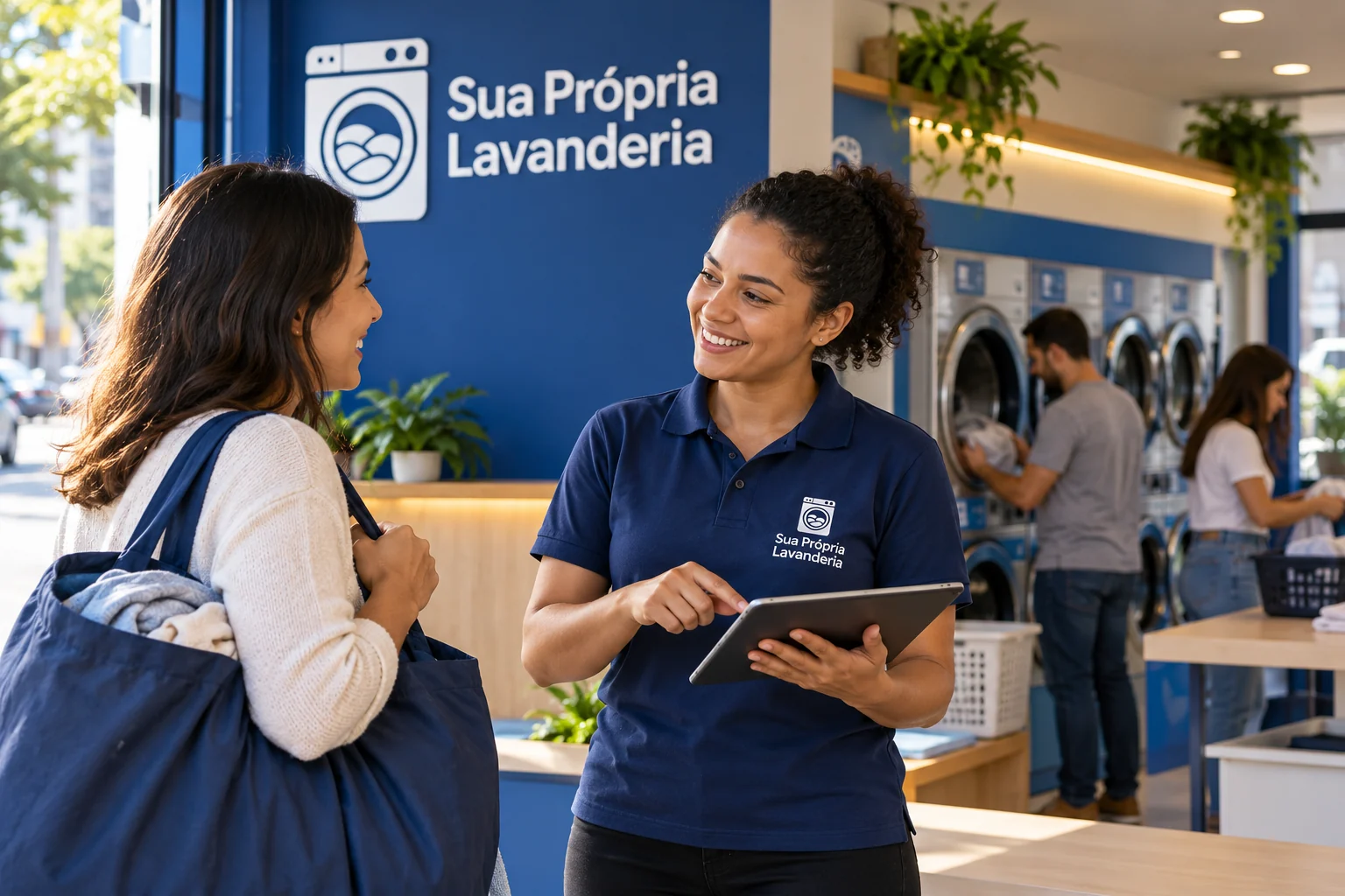 Equipe de lavanderia revisando registros de atendimento sem exibir nomes ou conversas de clientes.