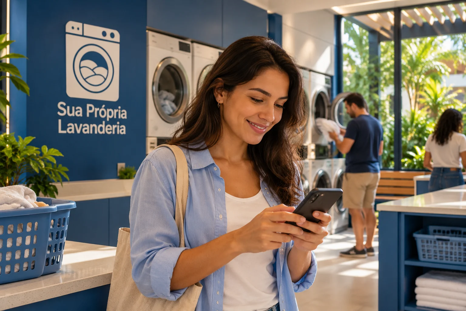 Celular mostrando uma conversa de suporte fictícia ao lado de máquinas, sem número, nome ou mensagem legível.