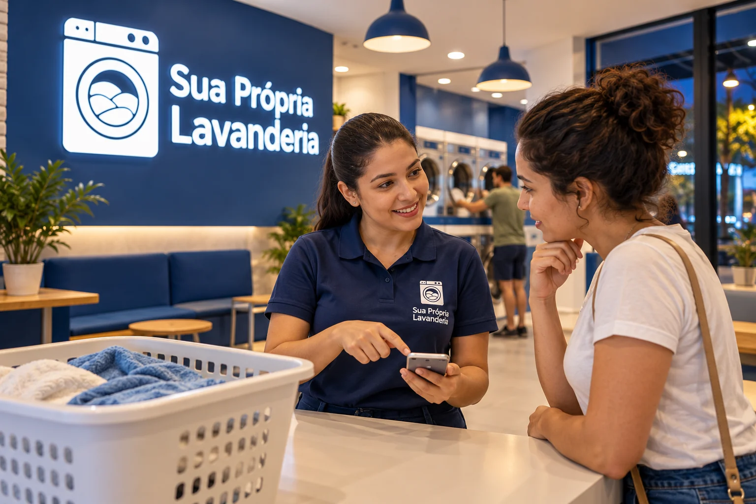 Cliente consultando uma placa de instruções legível em lavanderia self-service; sem texto real ou marca de equipamento.