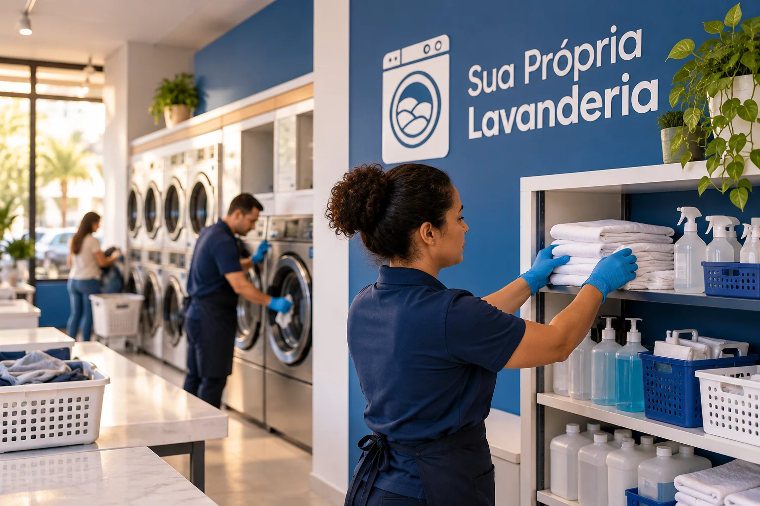 Prestador limpando com sinalização de piso molhado em lavanderia vazia, sem marcas ou produtos identificáveis.