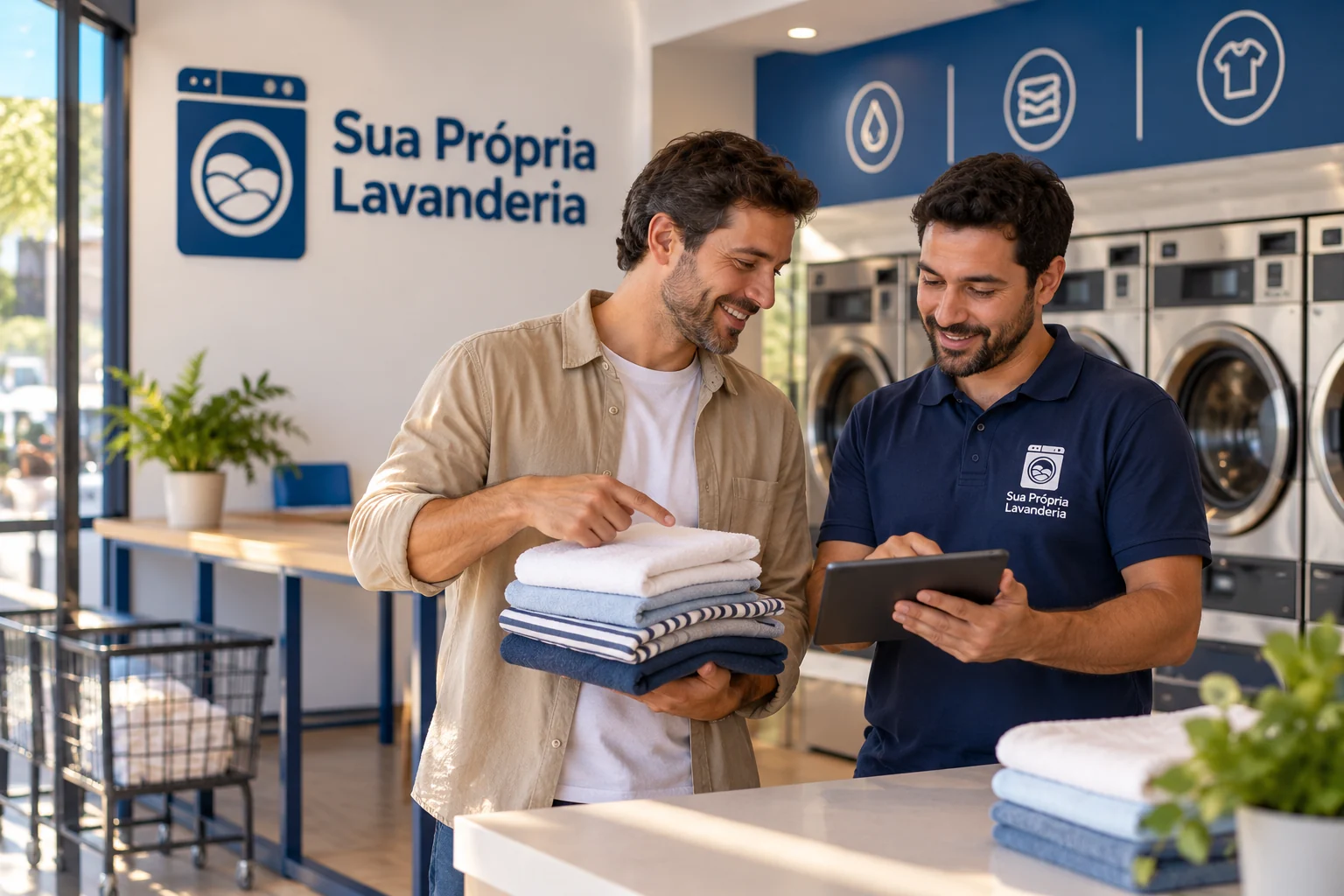 Técnico inspecionando equipamento comercial de lavanderia com ordem de serviço sem dados reais ou marca visível.