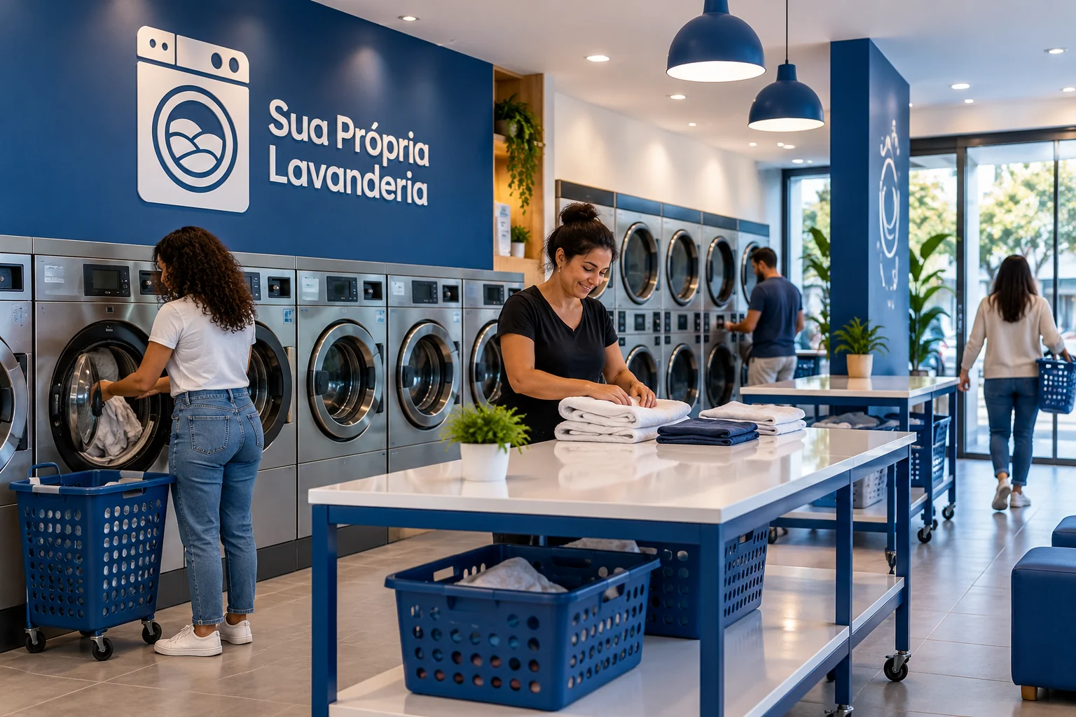 Painel de automação em operação numa lavanderia com telas desfocadas, sem marca ou dado real.