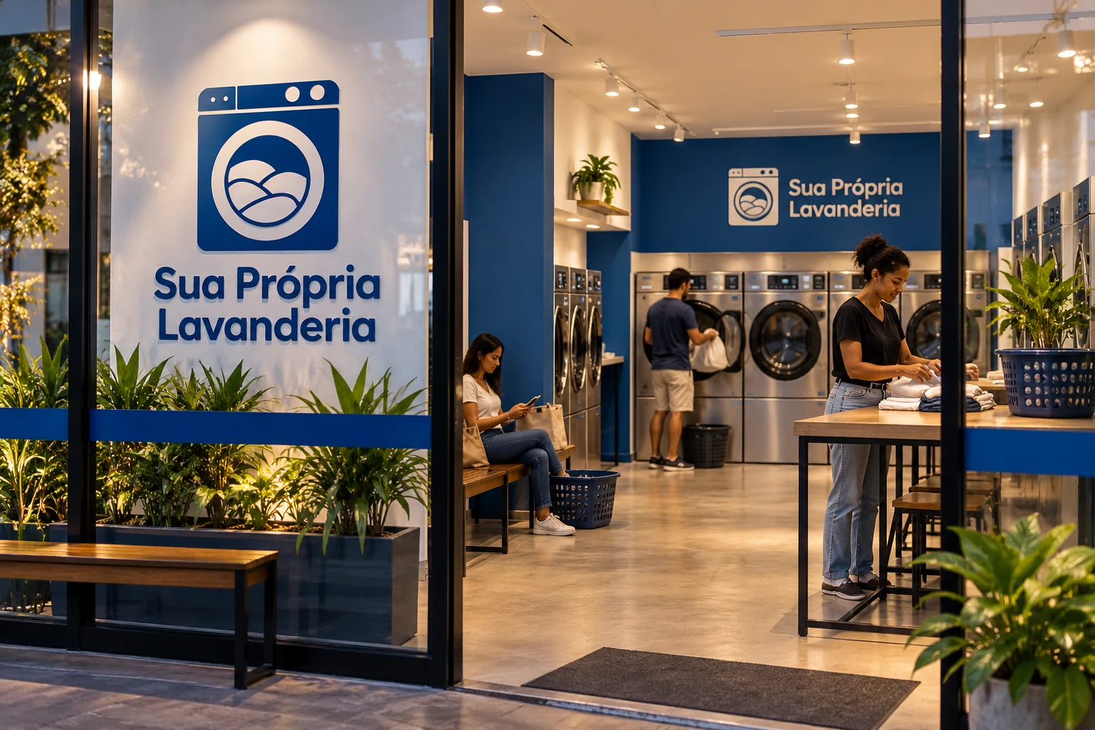 Pessoa conferindo painel de recebimentos e comprovantes em lavanderia sem valores ou dados reais.