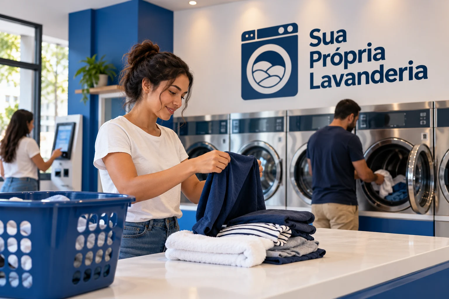 Lavadora e terminal de pagamento em ambiente self-service, sem tela de transação ou valor real.