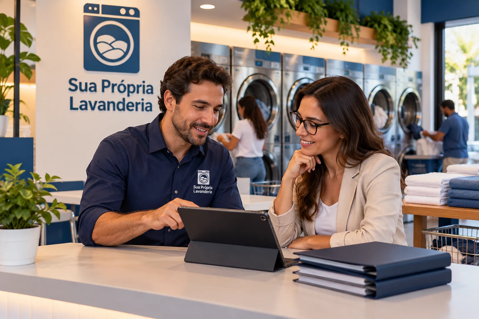 Pessoa organizando documentos fiscais digitais em computador numa lavanderia, sem CNPJ ou nota real visível.