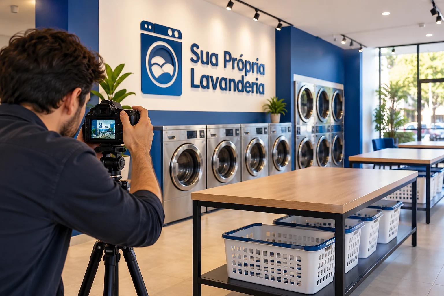 Foto real de fachada e área de lavanderia sem clientes, endereço, marca ou dados identificáveis.