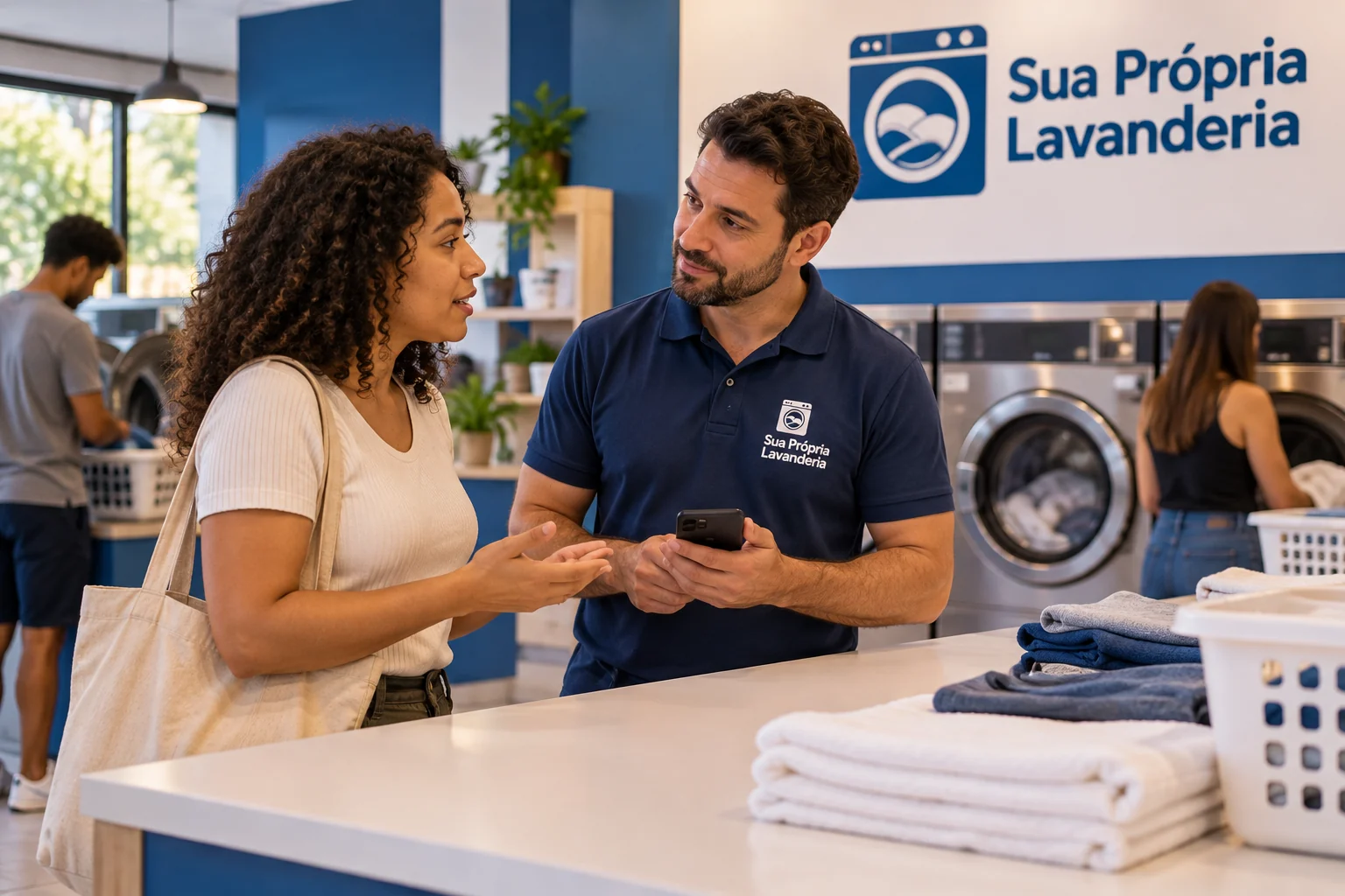 Gestor de lavanderia respondendo avaliação pelo computador, com tela sem nome ou texto legível.