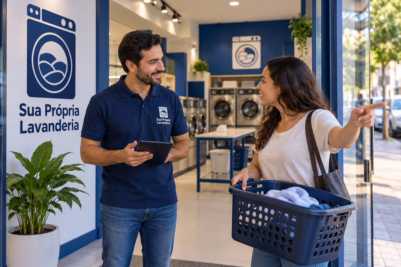 Lavanderia com QR code de divulgação sem dados de campanha, clientes ou telefones visíveis.