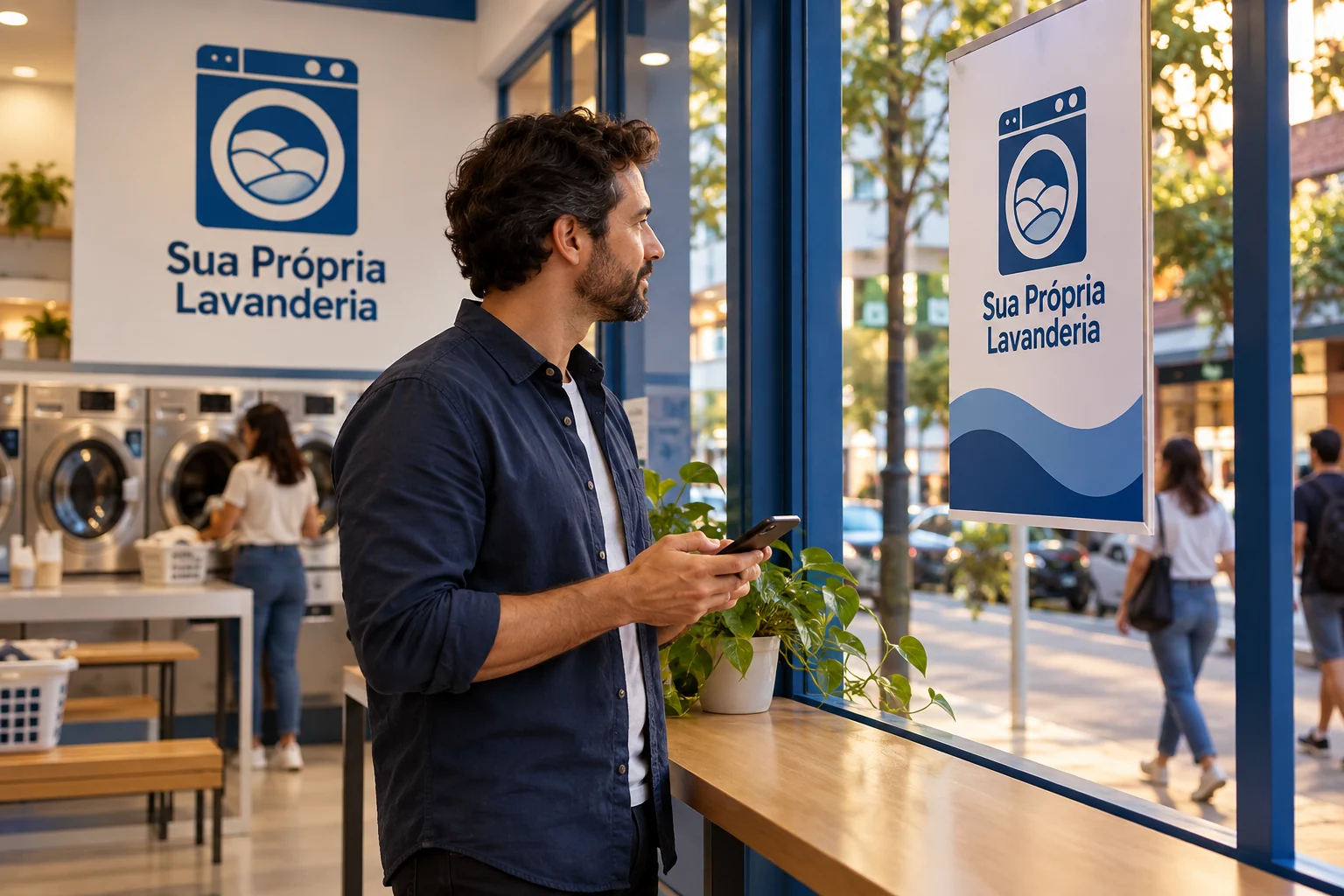 Celular exibindo campanha local fictícia em frente a lavanderia real, sem métricas, preços ou nomes de clientes.