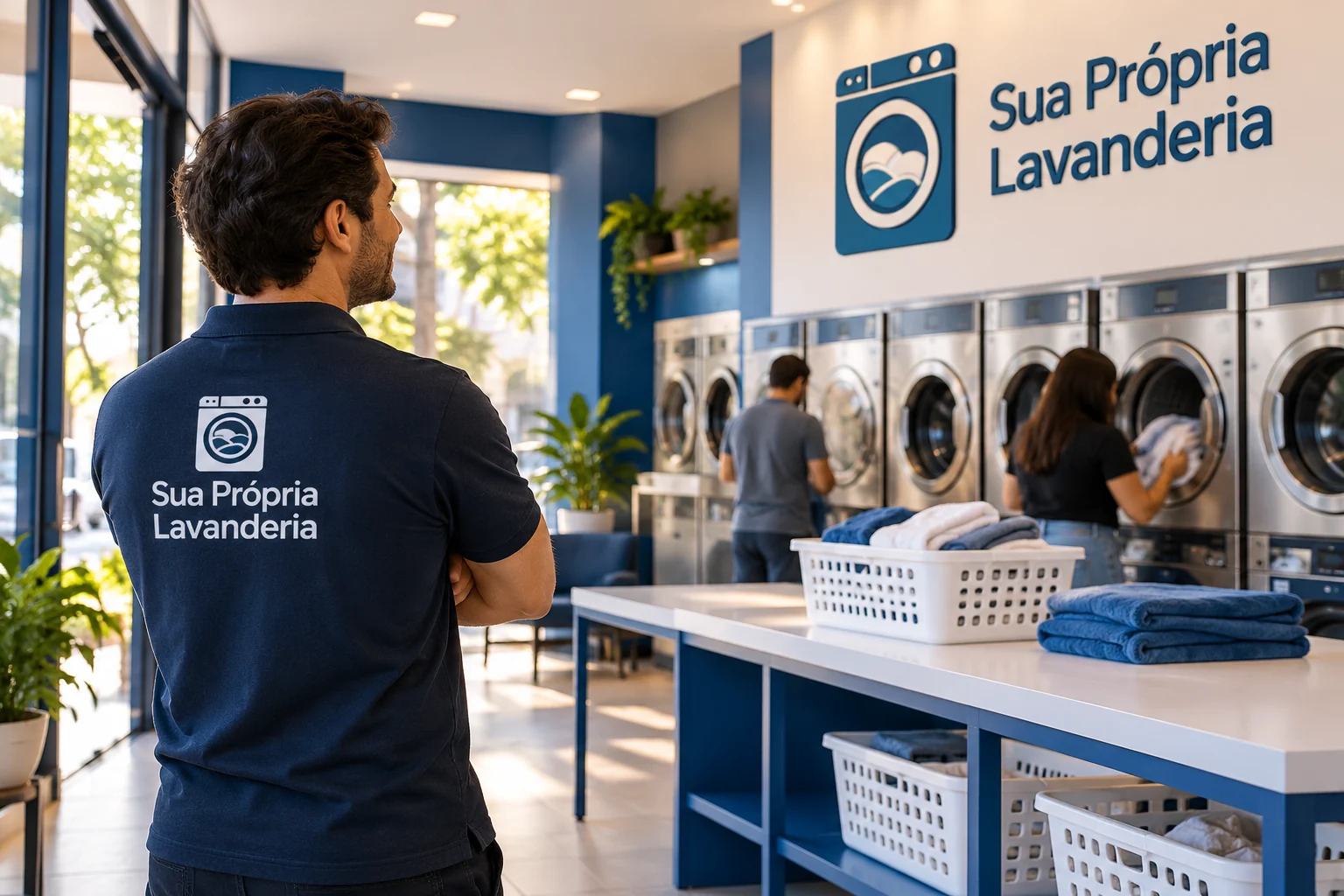 Profissional consultando um procedimento durante a operação de uma lavanderia.