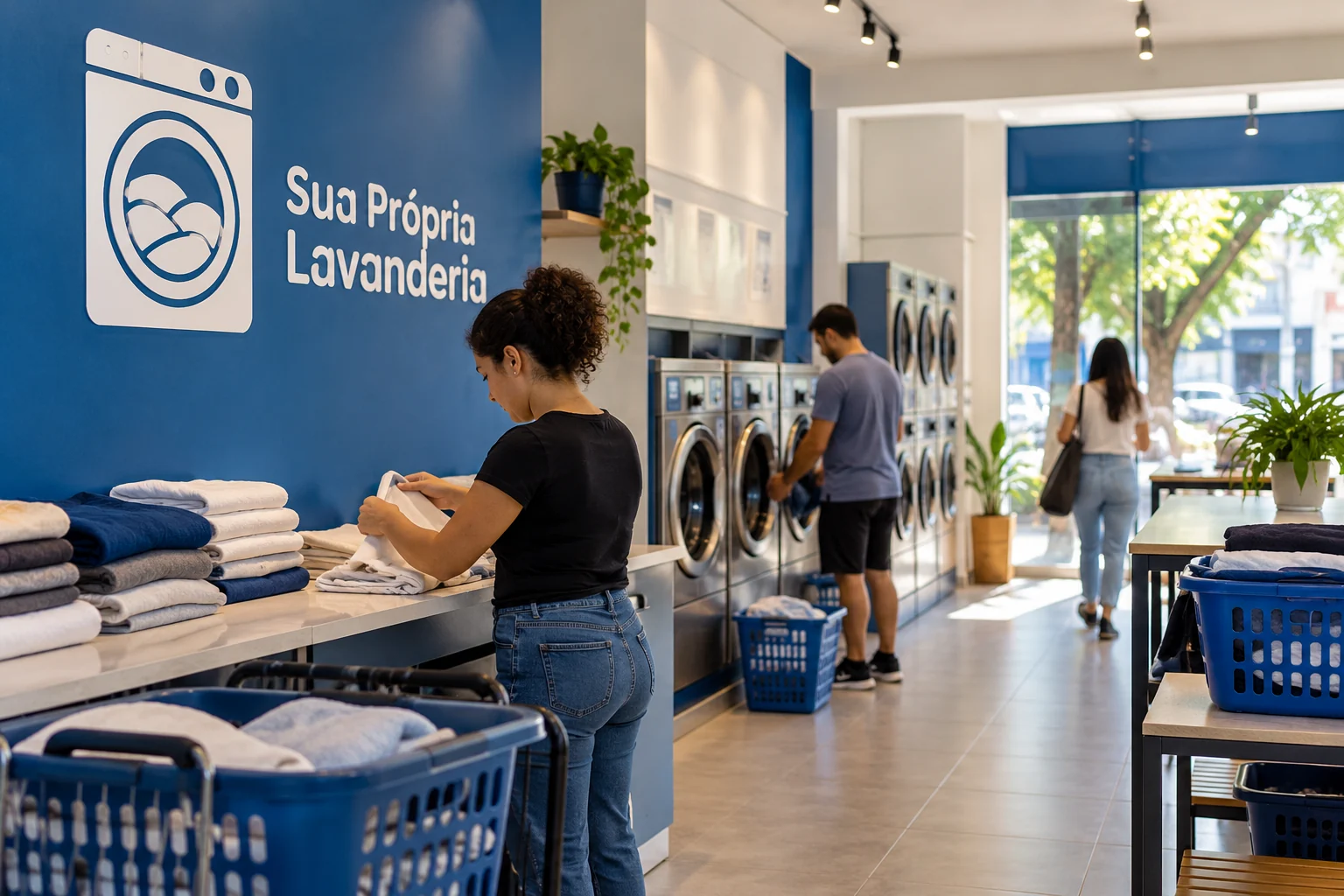 Clientes dobrando e lavando roupas em uma lavanderia pronta, com cestos e logo Sua Própria Lavanderia na parede azul