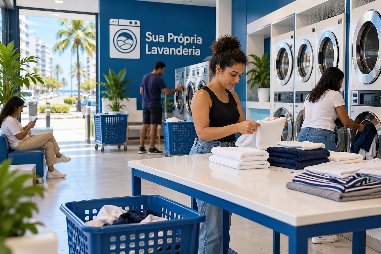 Ilustração de lavanderia self-service pronta e em uso, com pessoas lavando e dobrando roupas, máquinas genéricas e marca Sua Própria Lavanderia em azul e branco.