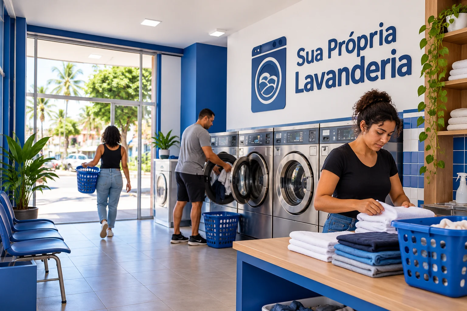 Ilustração de lavanderia self-service pronta e em uso, com pessoas lavando e dobrando roupas, máquinas genéricas e marca Sua Própria Lavanderia em azul e branco.