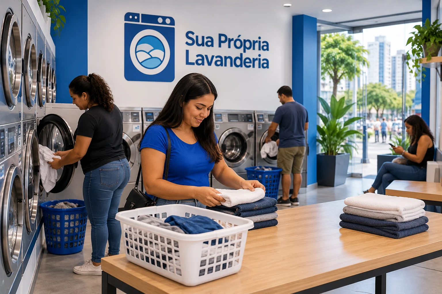 Clientes usando máquinas e dobrando roupas em uma lavanderia pronta, com bancada, área de espera e logo Sua Própria Lavanderia