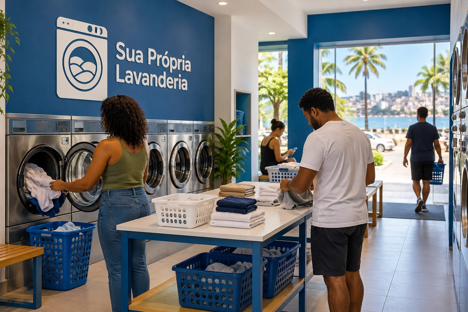 Ilustração de lavanderia self-service pronta e em uso, com pessoas lavando e dobrando roupas, máquinas genéricas e marca Sua Própria Lavanderia em azul e branco.