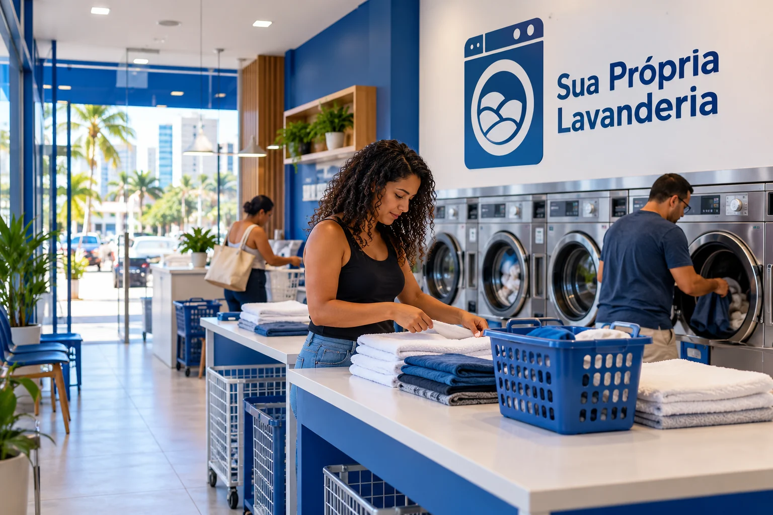 Ilustração de lavanderia self-service pronta e em uso, com pessoas lavando e dobrando roupas, máquinas genéricas e marca Sua Própria Lavanderia em azul e branco.