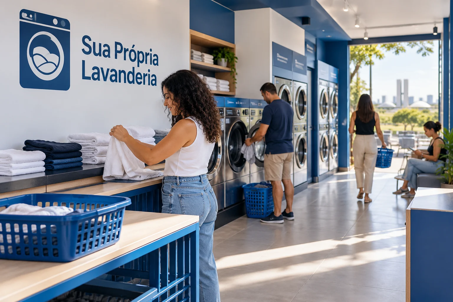 Ilustração de lavanderia self-service pronta e em uso, com pessoas lavando e dobrando roupas, máquinas genéricas e marca Sua Própria Lavanderia em azul e branco.
