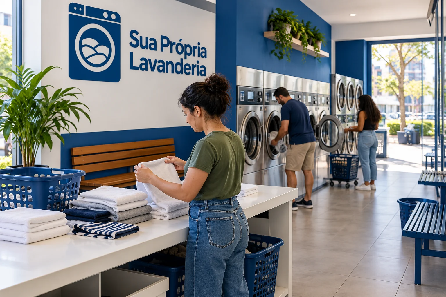 Ilustração de lavanderia self-service pronta e em uso, com pessoas lavando e dobrando roupas, máquinas genéricas e marca Sua Própria Lavanderia em azul e branco.