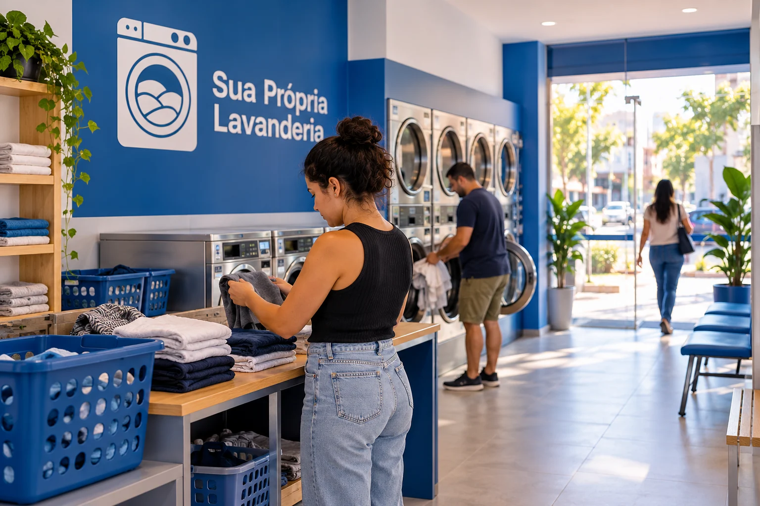 Ilustração por IA: Cliente dobra roupas em bancada, com máquinas em uso ao fundo e logo Sua Própria Lavanderia na parede azul.